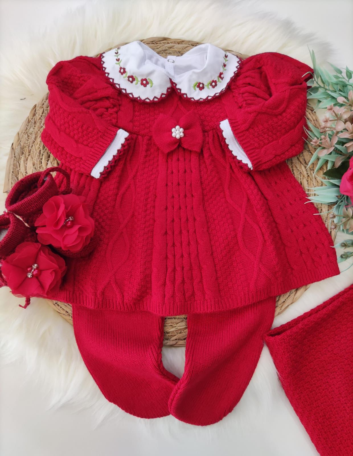 Saída maternidade de tricot antialérgico Menina 3 peças - Vermelha