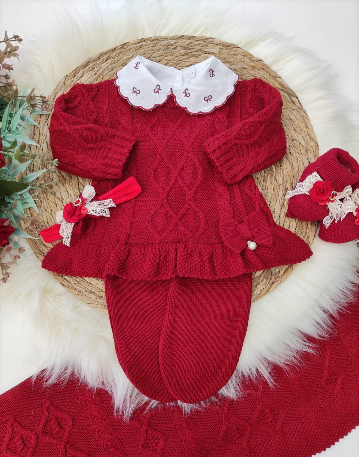 Saída maternidade de tricot antialérgico Menina 3 peças - Vermelha
