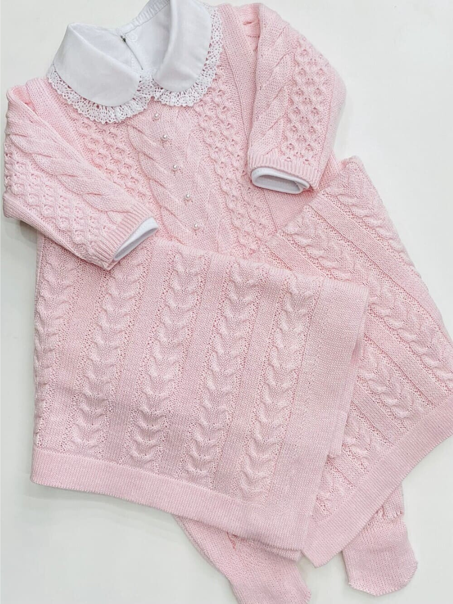 Saída maternidade de tricot antialérgico 3 peças Rosa