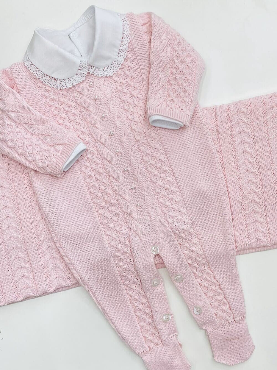 Saída maternidade de tricot antialérgico 3 peças Rosa