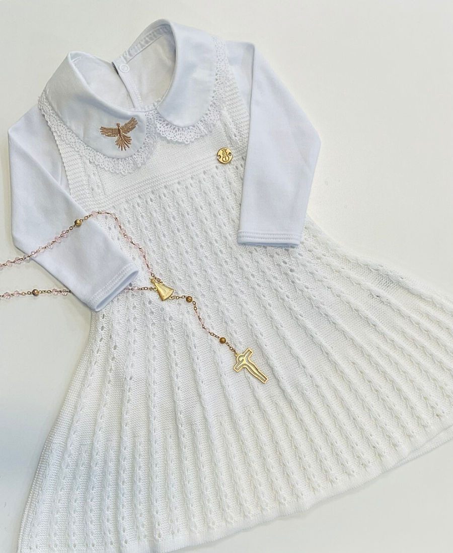 Conjunto Batizado Menina Vestido em Tricot Antialérgico e Body Espírit ...