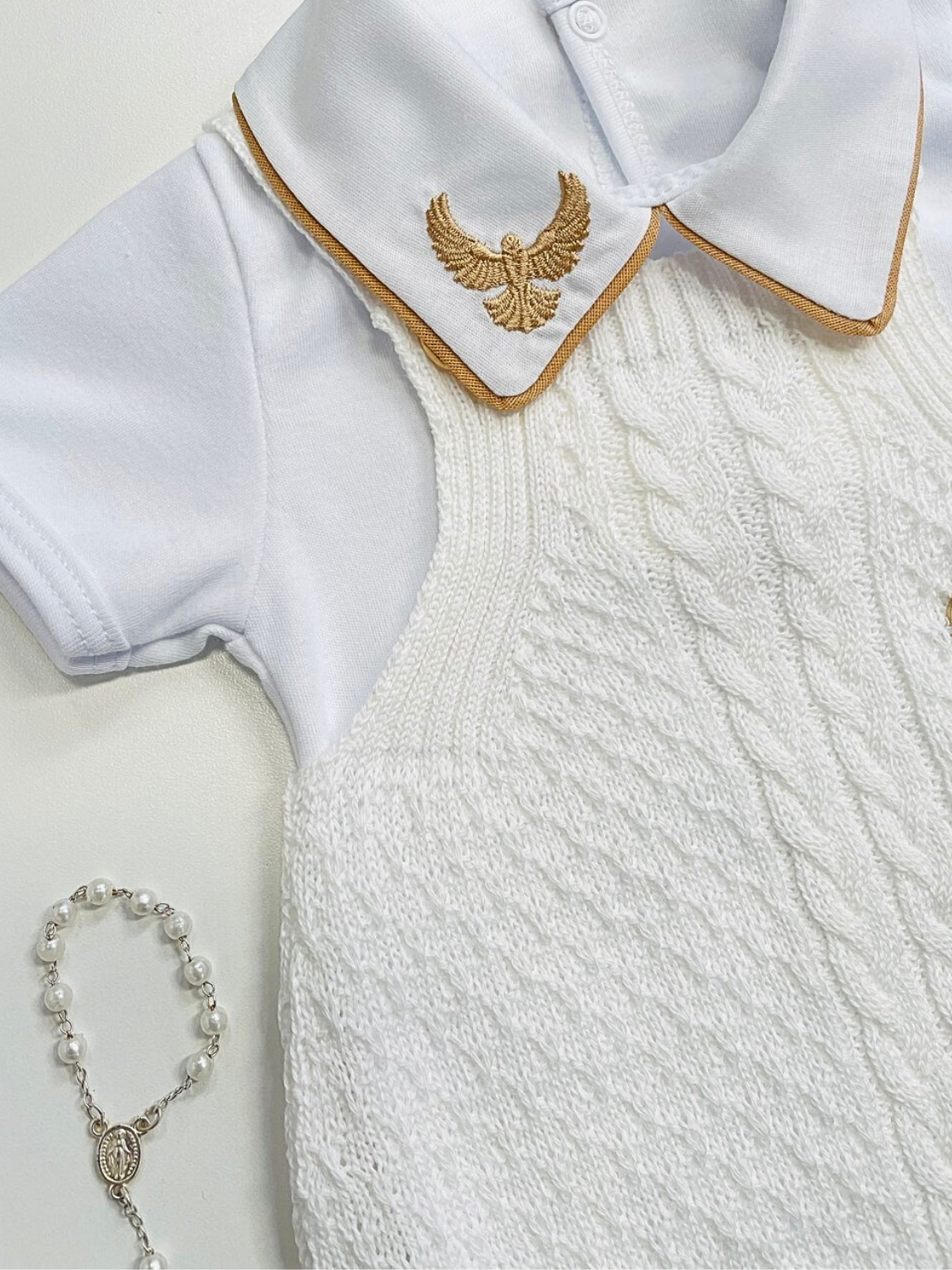 Conjunto Batizado Menino Tricot com Jardineira Curta e Body Espírito Santo
