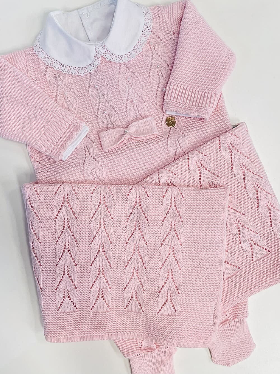 Saída maternidade de tricot antialérgico 3 peças Rosa claro