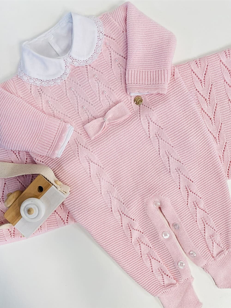 Saída maternidade de tricot antialérgico 3 peças Rosa claro