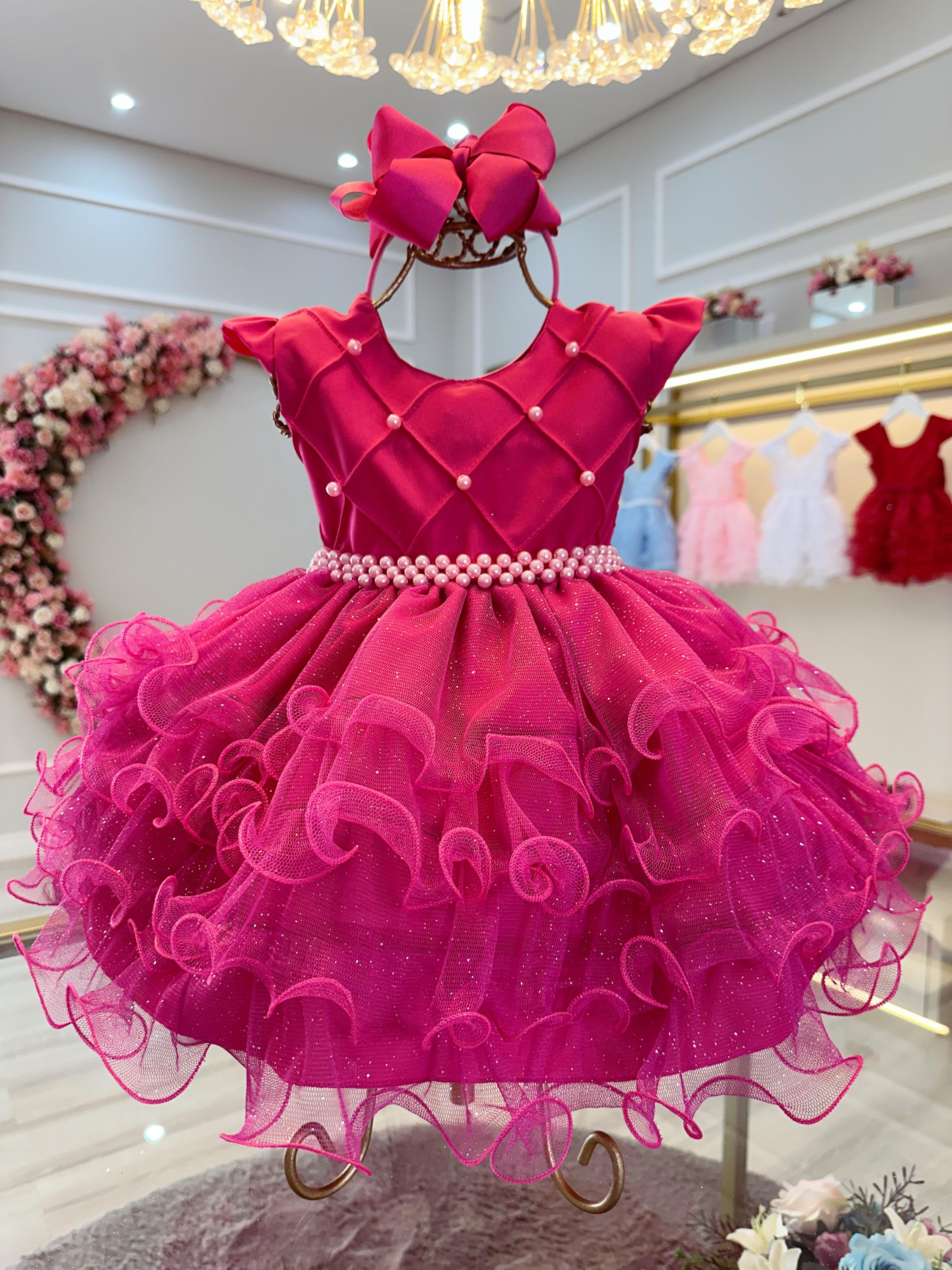 Vestido Infantil Batizado Rosa Pink Saia Com Babados Luxo