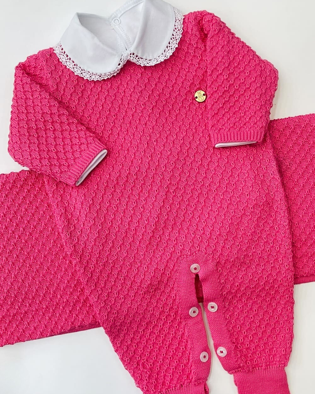 Saída maternidade de tricot antialérgico 3 peças Rosa Pink