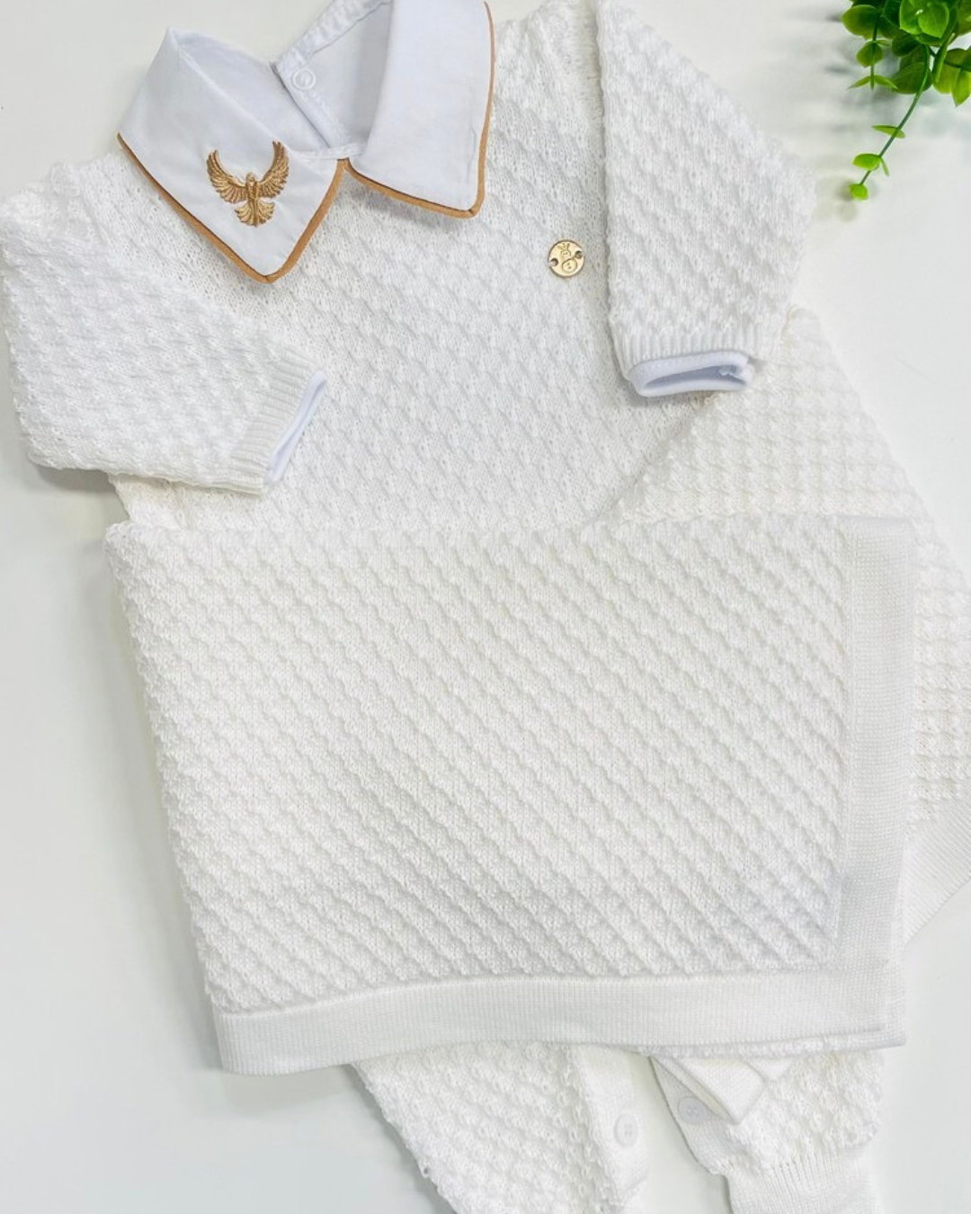 Saída de maternidade de tricot antialérgico Gola bordada 3 peças - Branco
