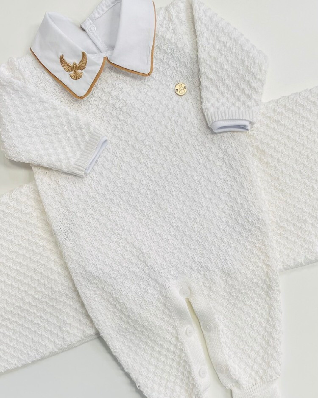 Saída de maternidade de tricot antialérgico Gola bordada 3 peças Branco