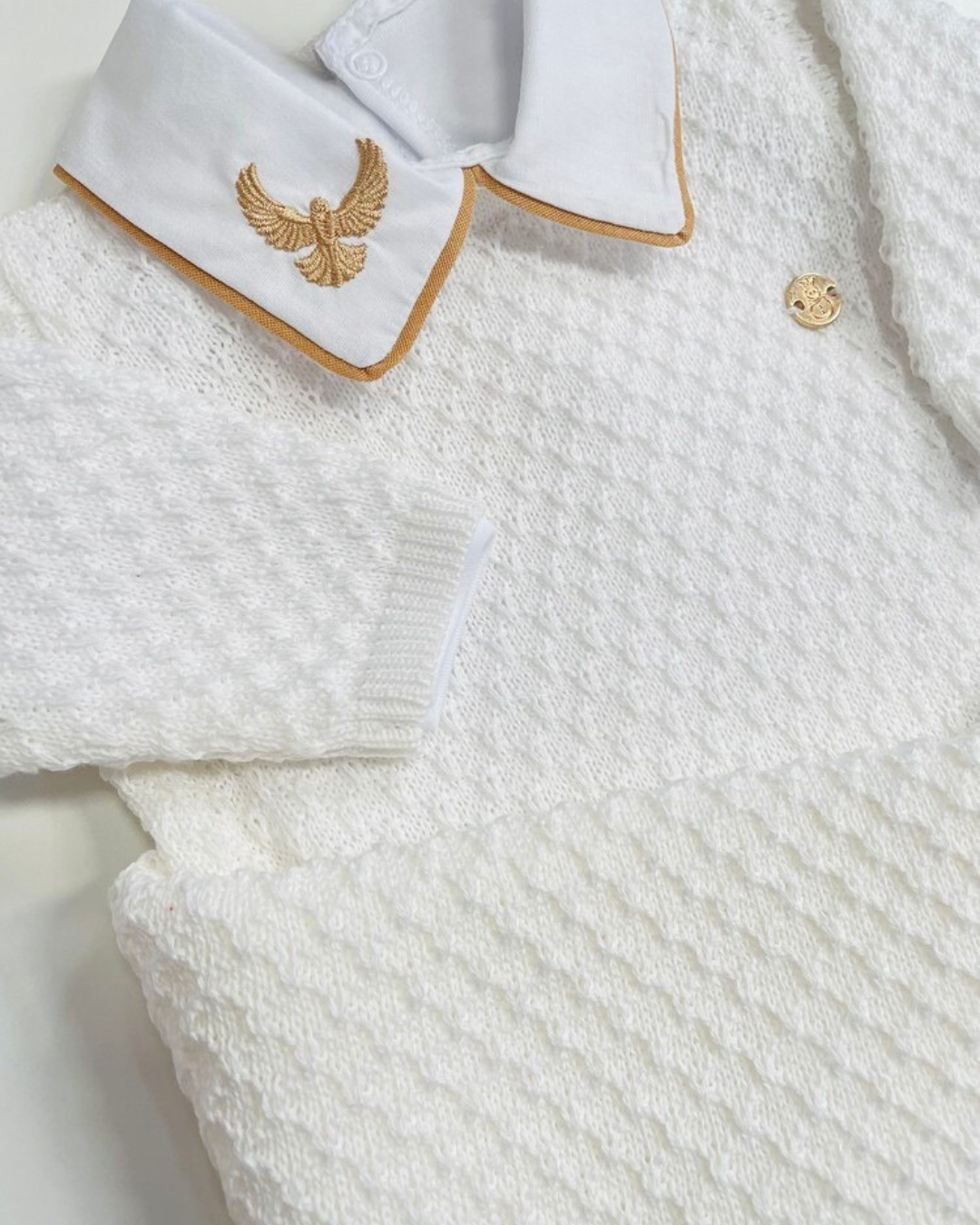 Saída de maternidade de tricot antialérgico Gola bordada 3 peças Branco