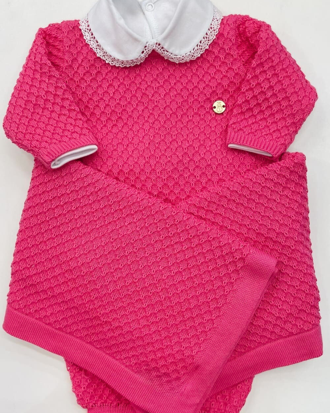 Saída maternidade de tricot antialérgico 3 peças Rosa Pink