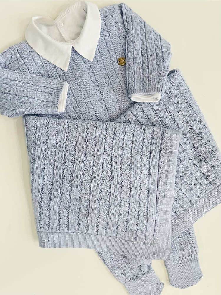 Saída de Maternidade em Tricot Antialérgico Canelado 3 peças Azul Claro