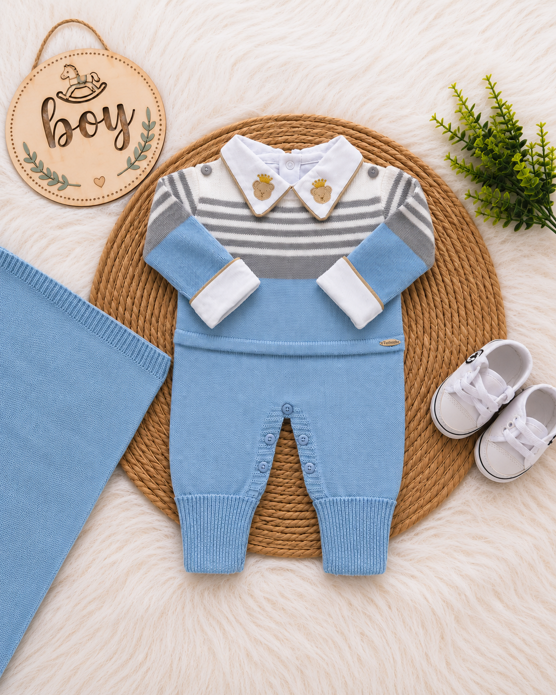 Saída de Maternidade em Tricot Antialérgico - Azul, Cinza e Branco