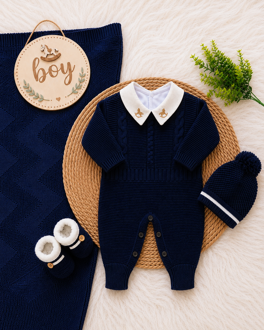 Saída de Maternidade em Tricot Antialérgico - Azul Marinho