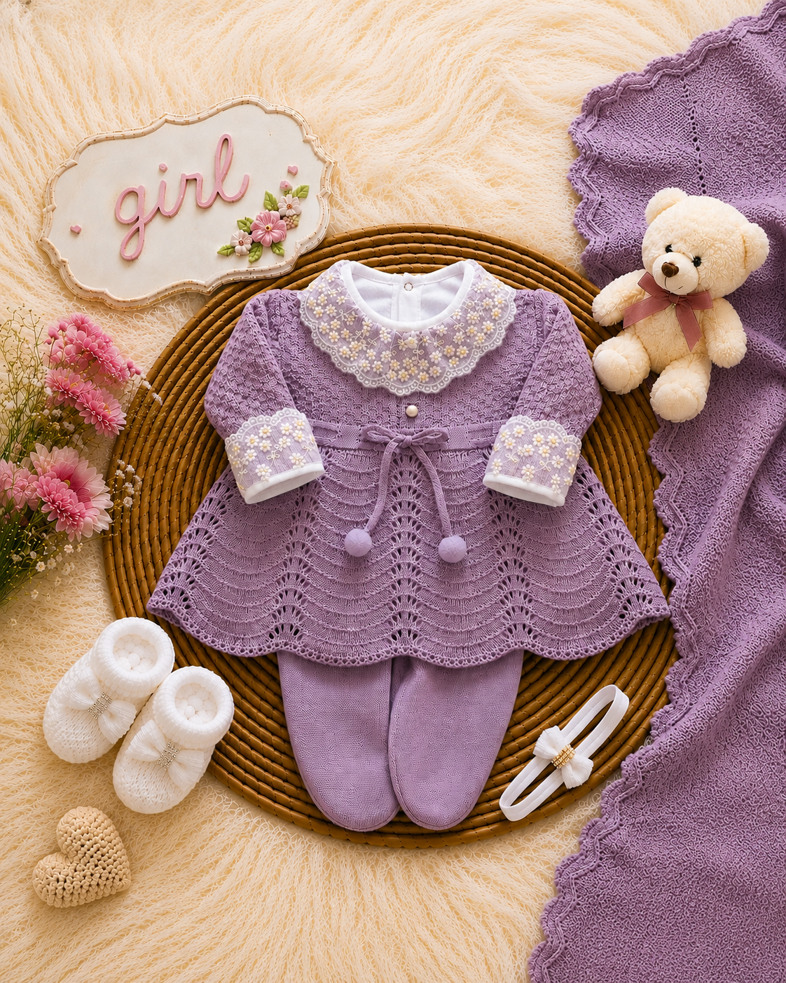Saída de Maternidade em Tricot Antialérgico Menina - Lilás