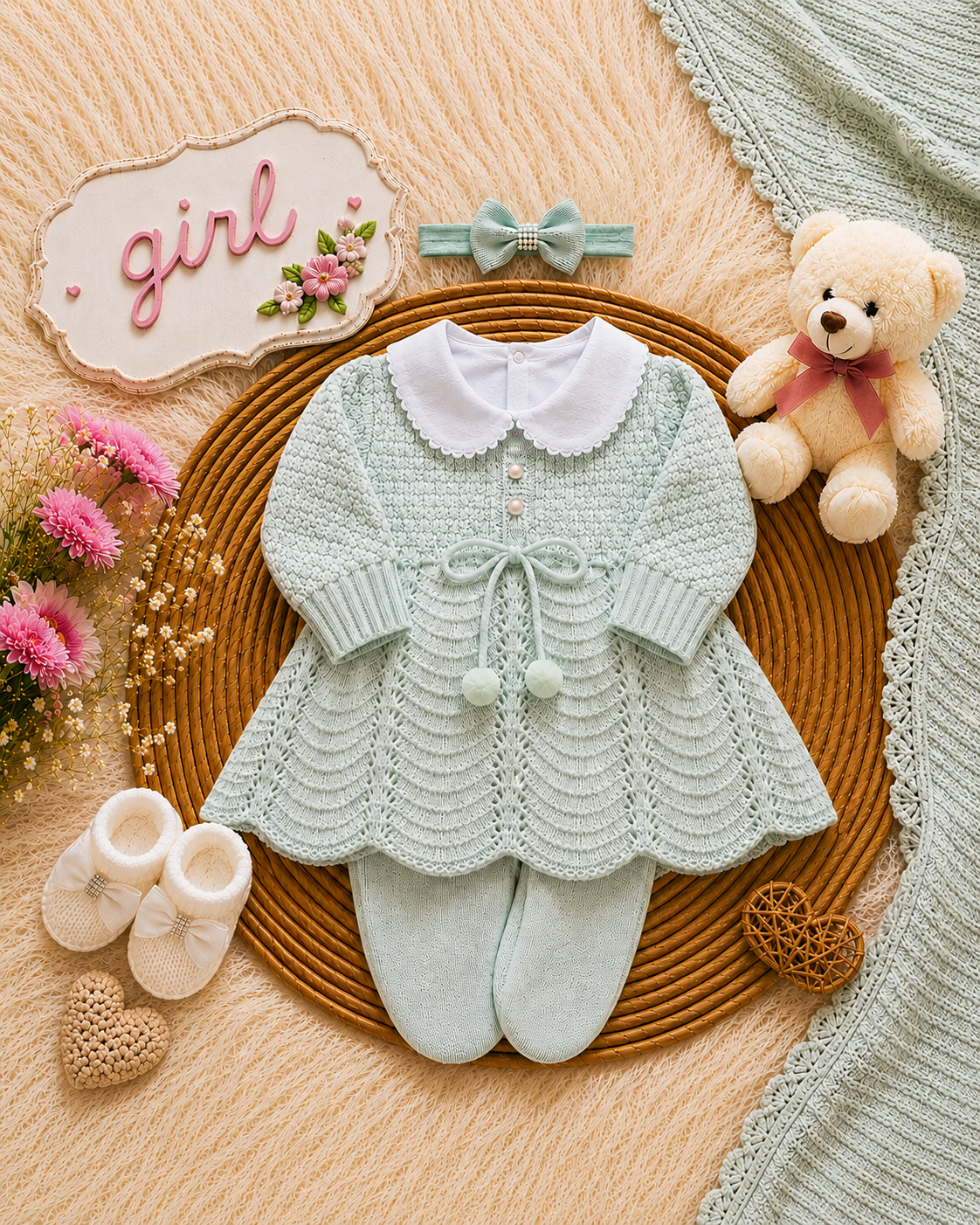 Saída maternidade de Tricot Antialérgico Menina - Verde Claro