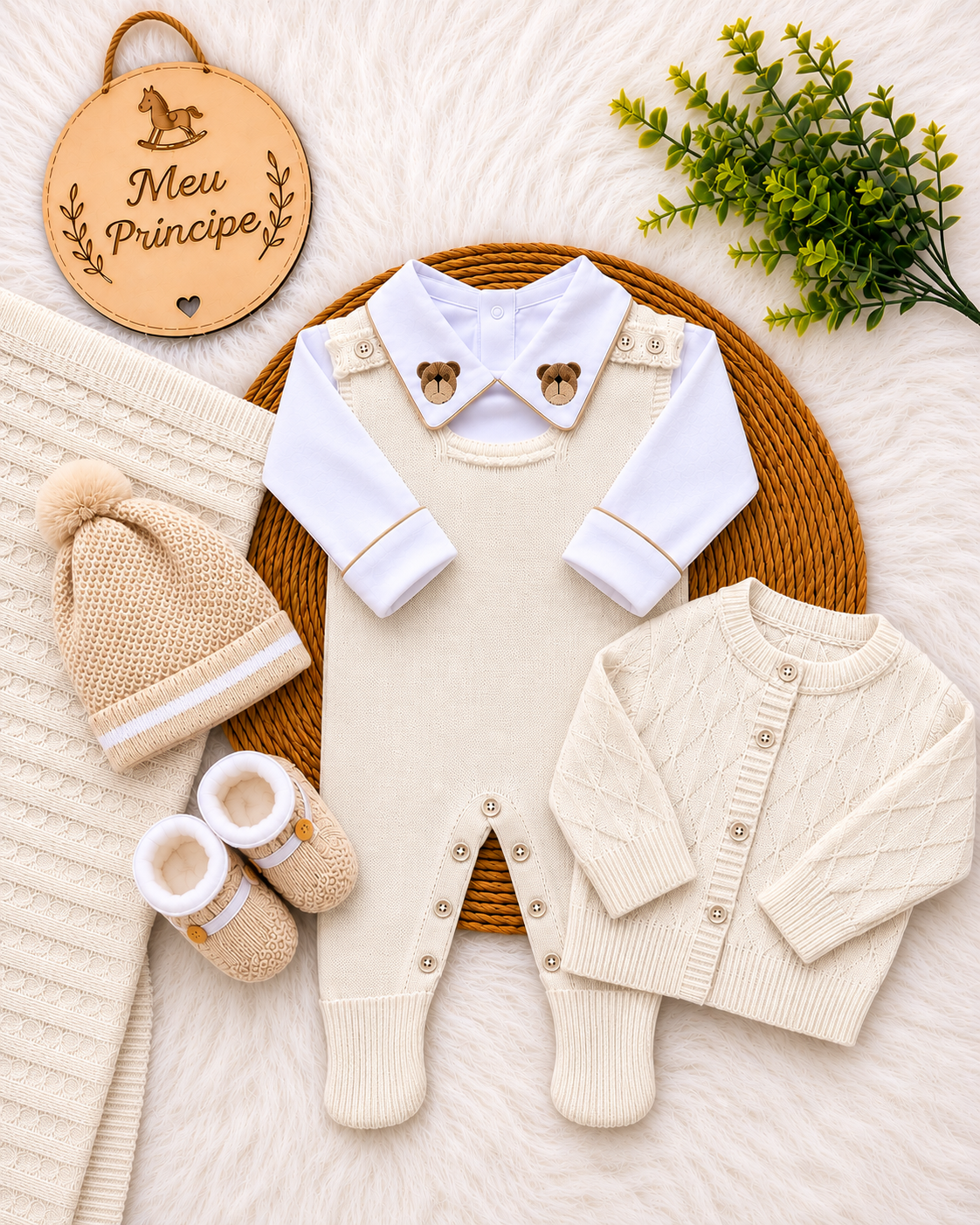 Saída de Maternidade em Tricot Antialérgico - Off White Quadriculada