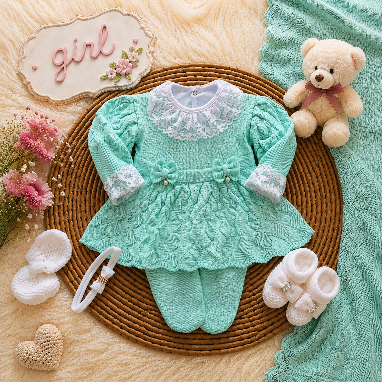 Saída maternidade de tricot antialérgico Menina 3 peças - Verde