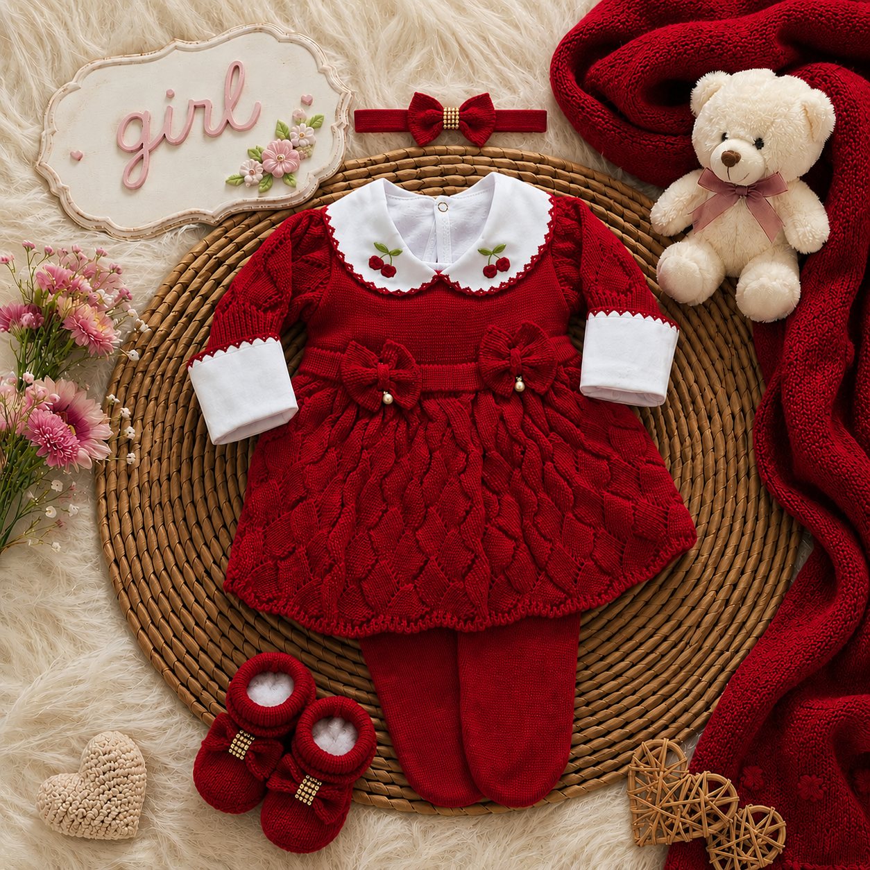 Saída maternidade em Tricot Antialérgico Menina 3 peças - Vermelha