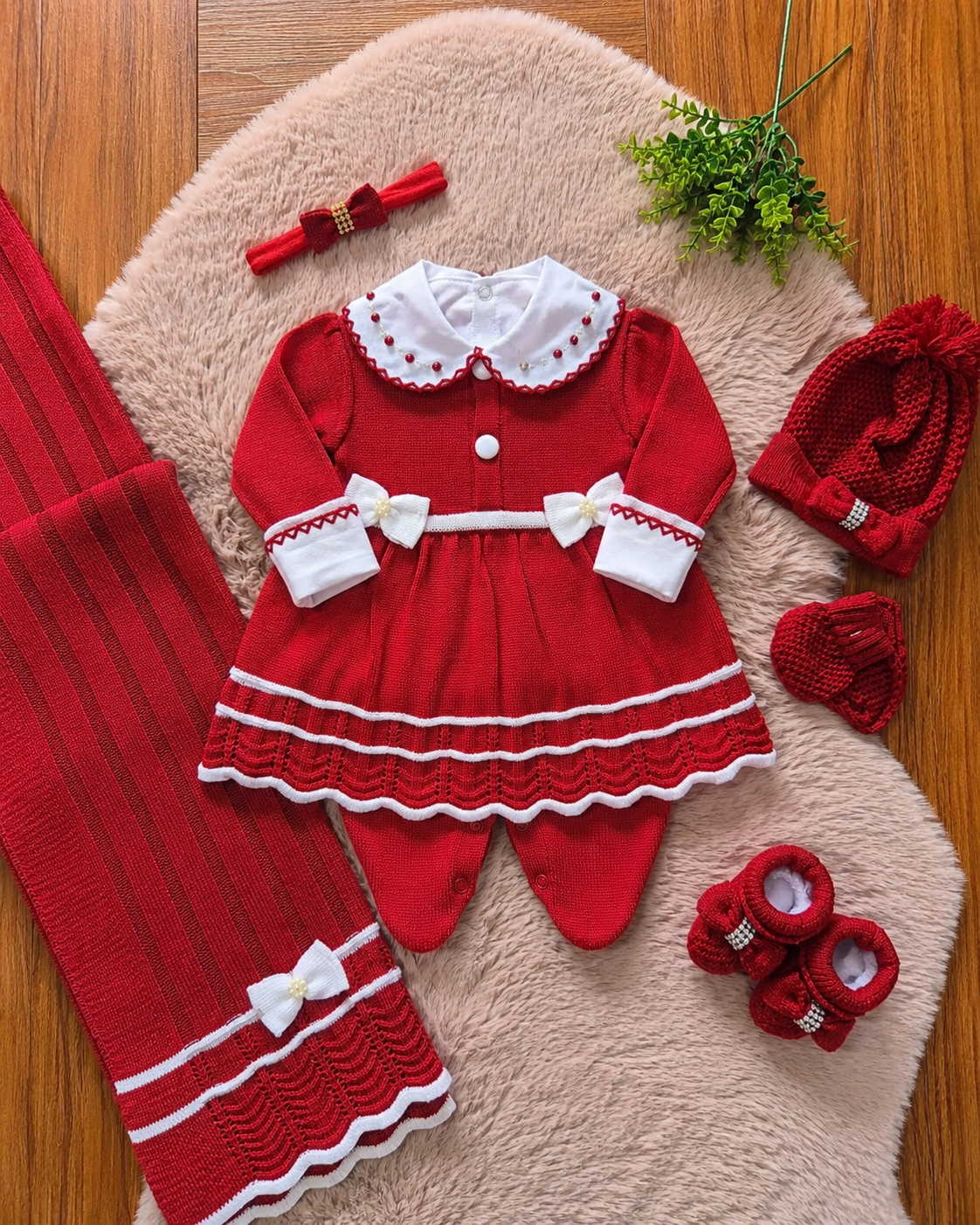 Saída maternidade de tricot antialérgico Menina 3 peças - Vermelha