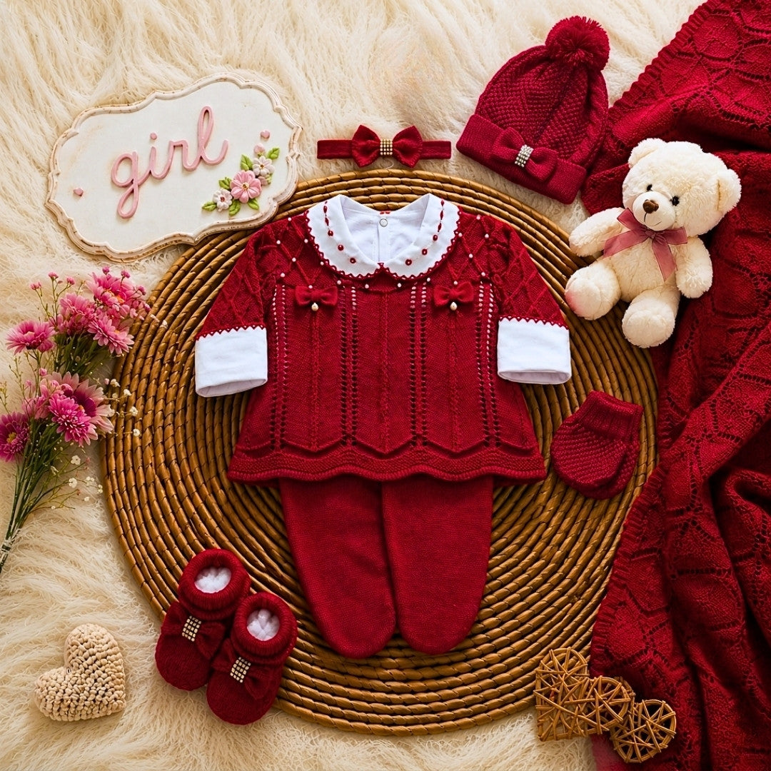 Saída maternidade de tricot antialérgico Menina 3 peças - Vermelha