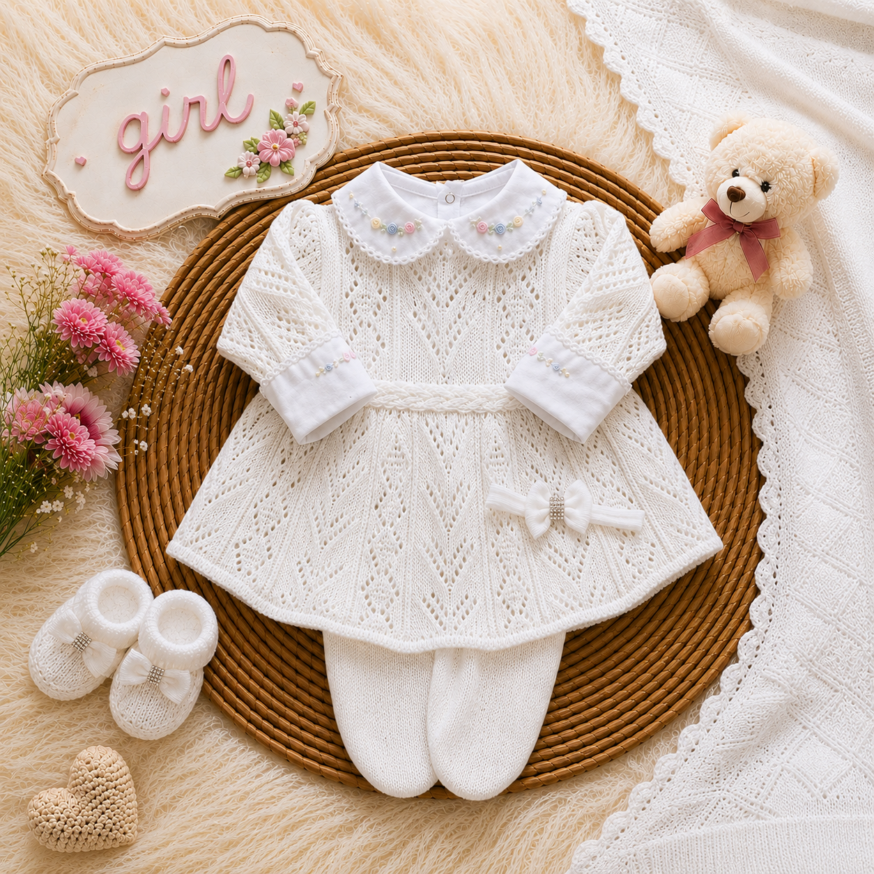 Saída de maternidade de tricô Menina - Branca
