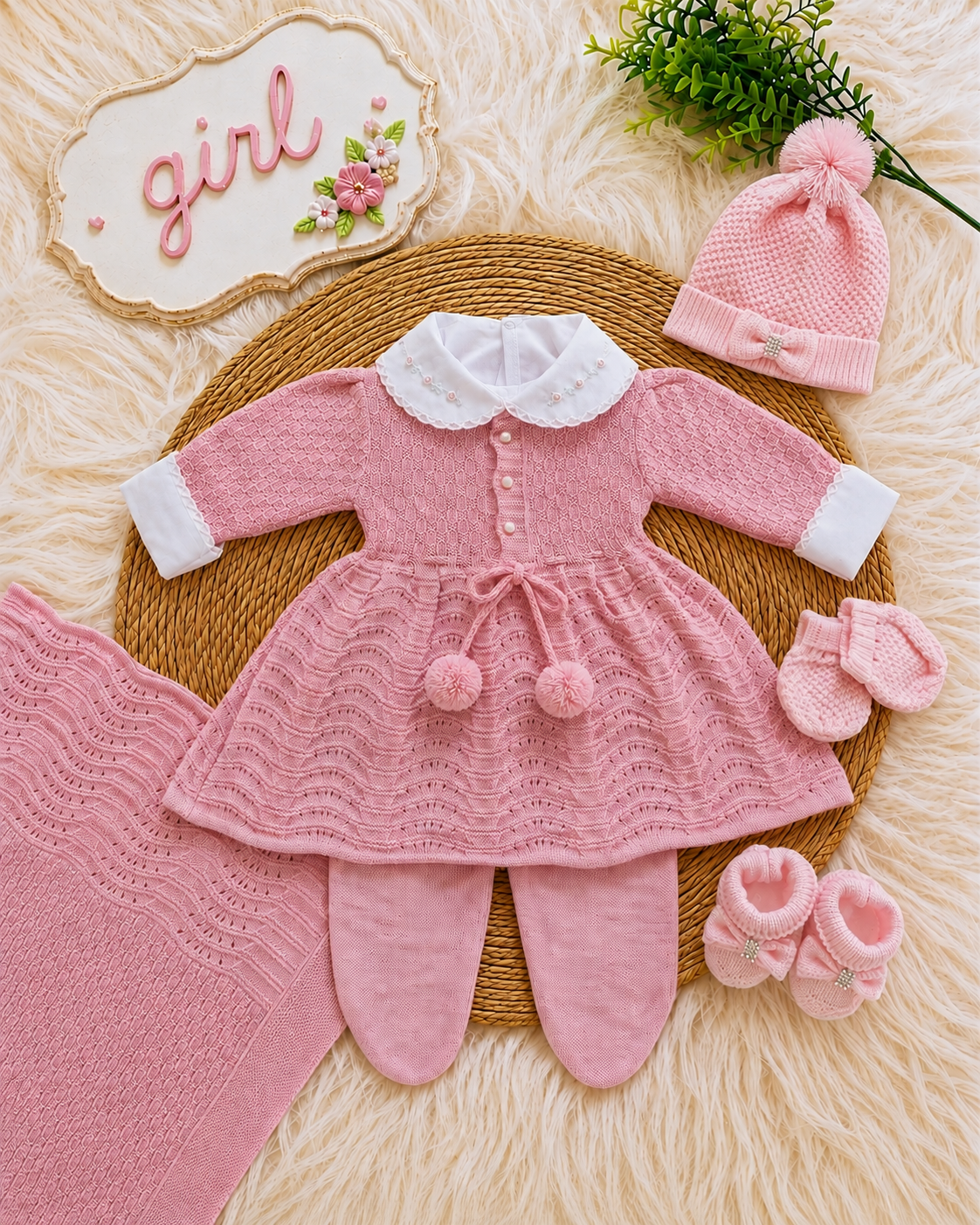 Saída maternidade de Tricot Antialérgico Menina - Rosa
