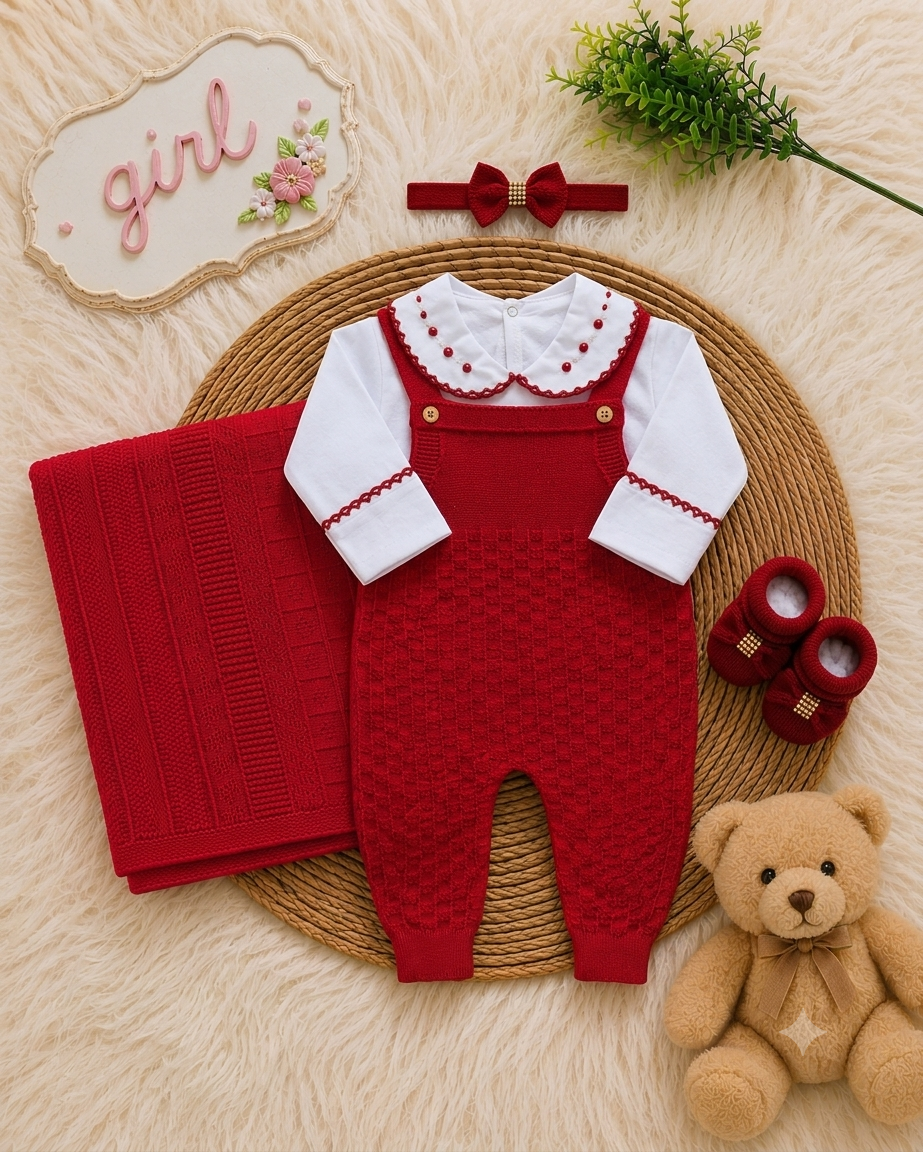 Saída Maternidade de Tricot Antialérgico Menina - Jardineira Vermelha (SH13)