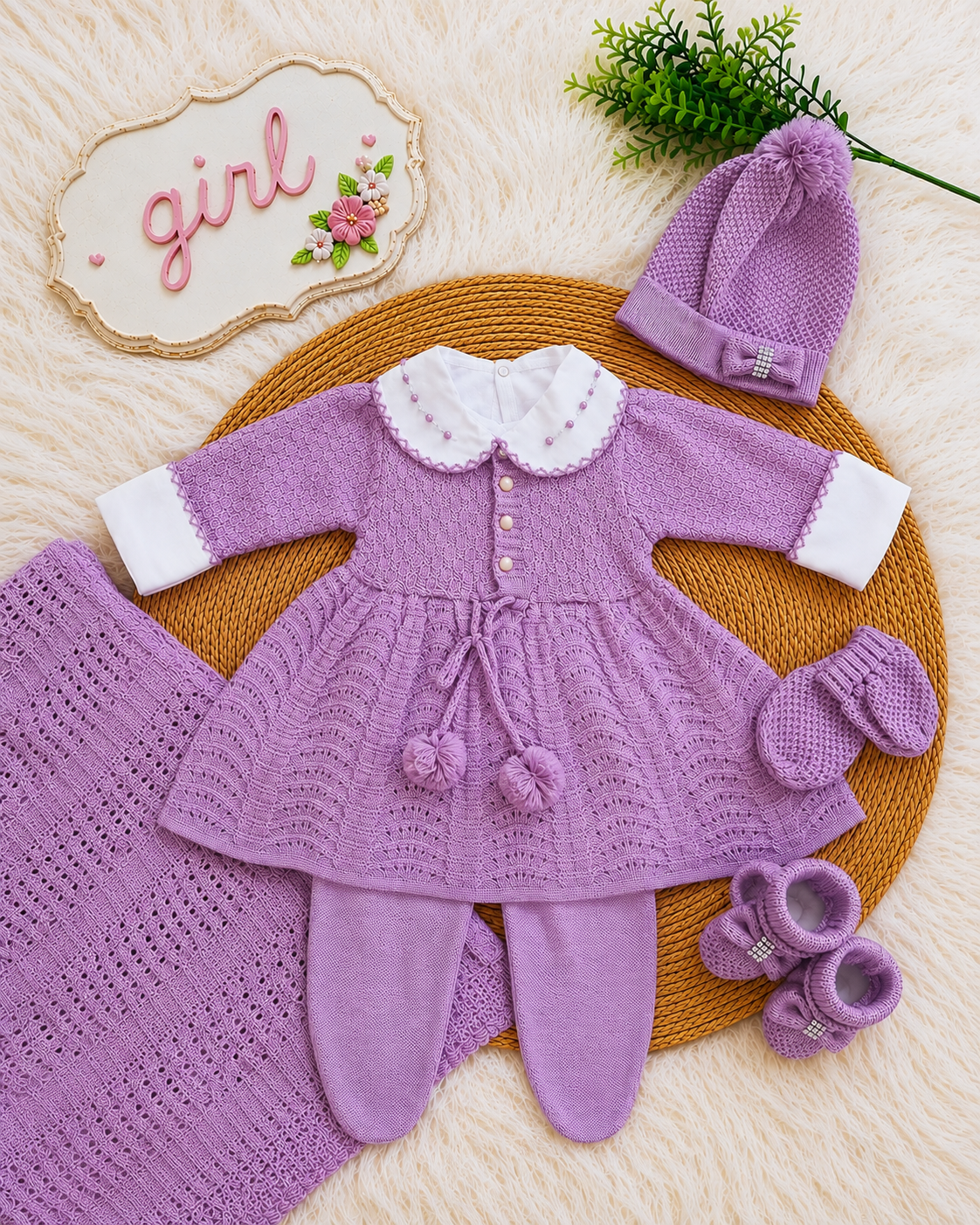 Saída maternidade de Tricot Antialérgico Menina - Vestido Lilás (SH14)