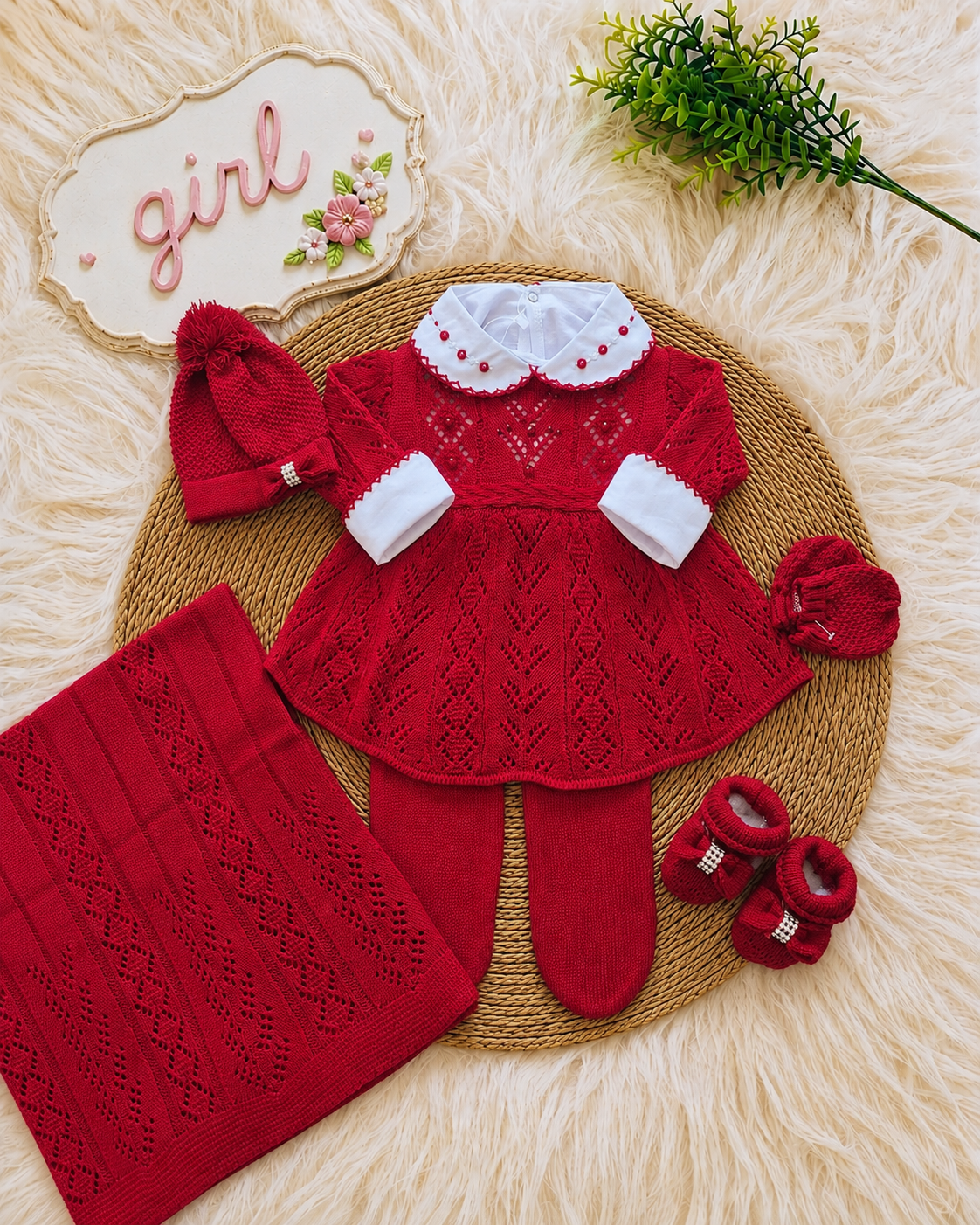 Saída maternidade de Tricot Antialérgico Menina - Vestido Vermelho (SH16)