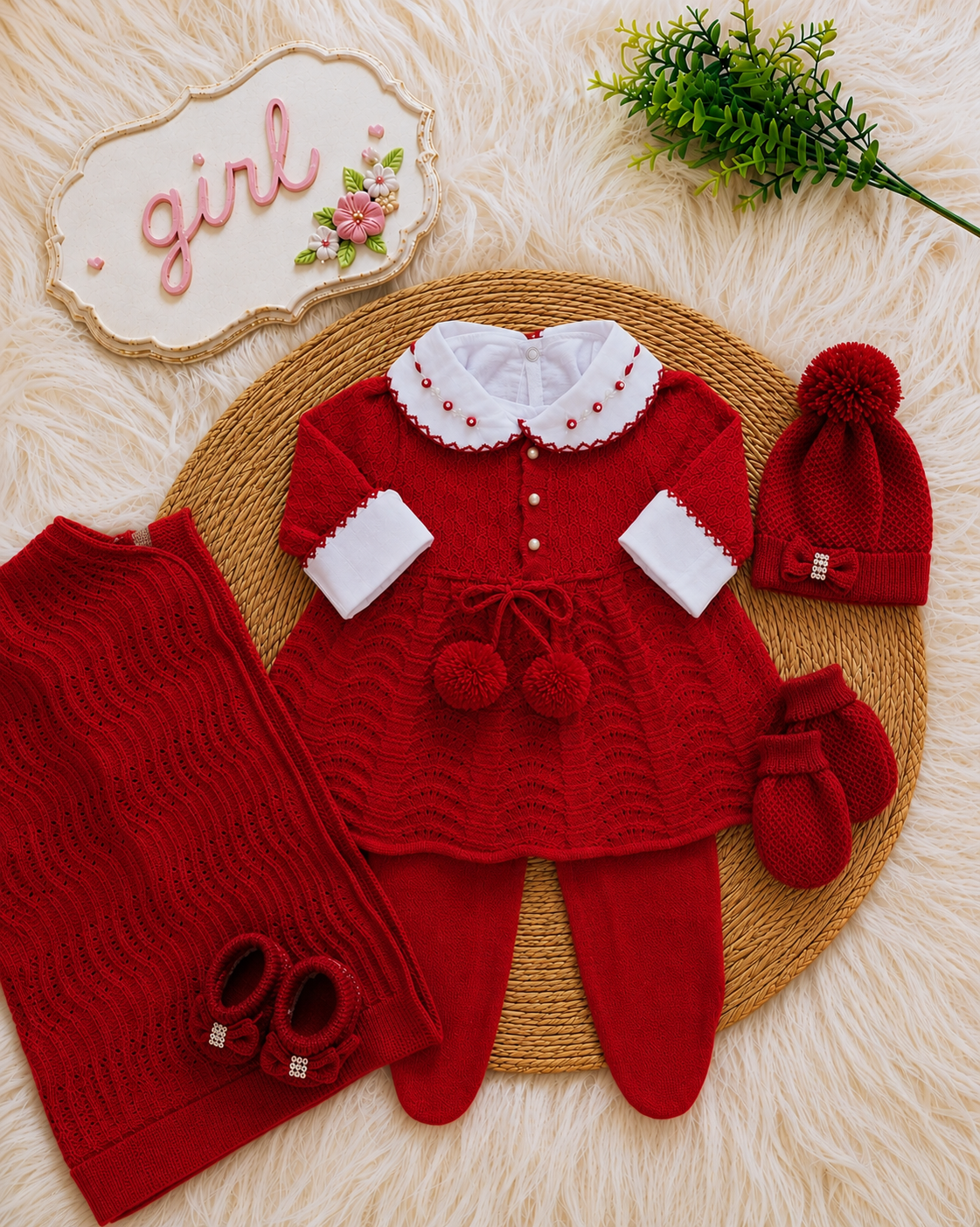 Saída maternidade de Tricot Antialérgico Menina - Vestido Vermelho (SH17)