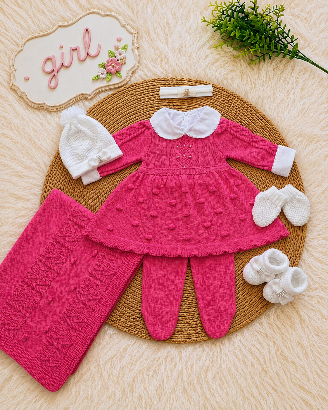 Saída maternidade de Tricô Antialérgico - Rosa Pink