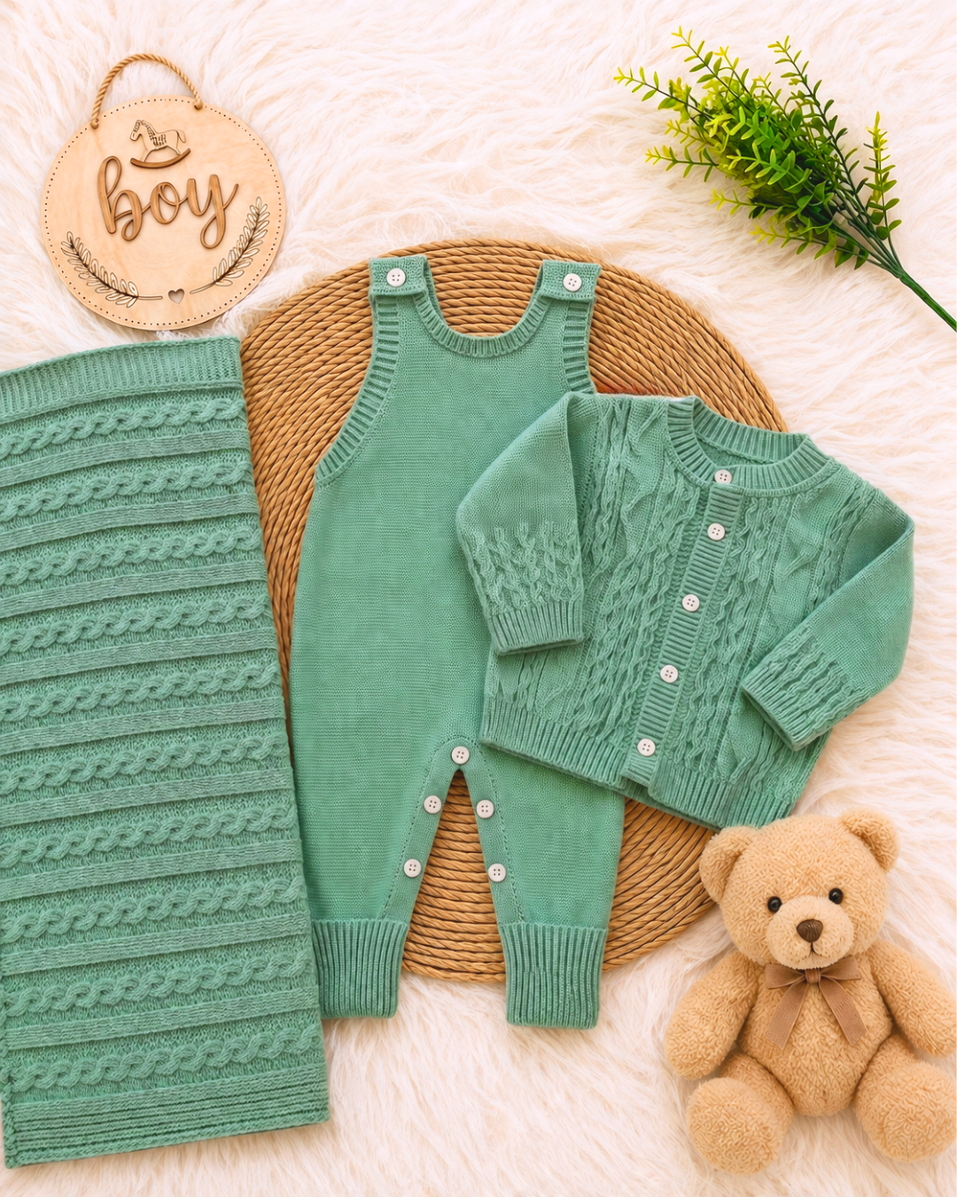 Saída de Maternidade em Tricot Antialérgico - Verde Oliva