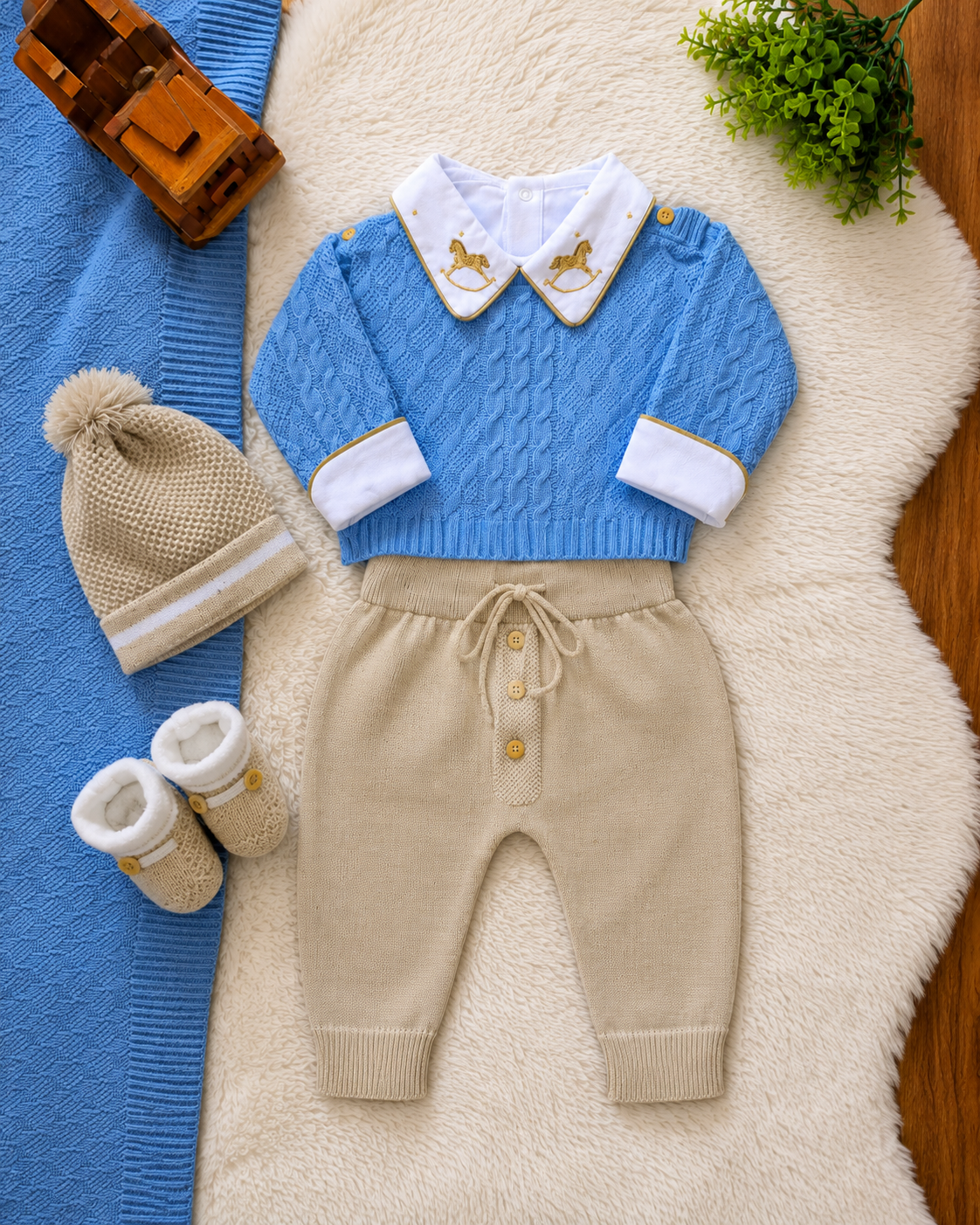 Saída de Maternidade em Tricot Antialérgico - Azul e bege