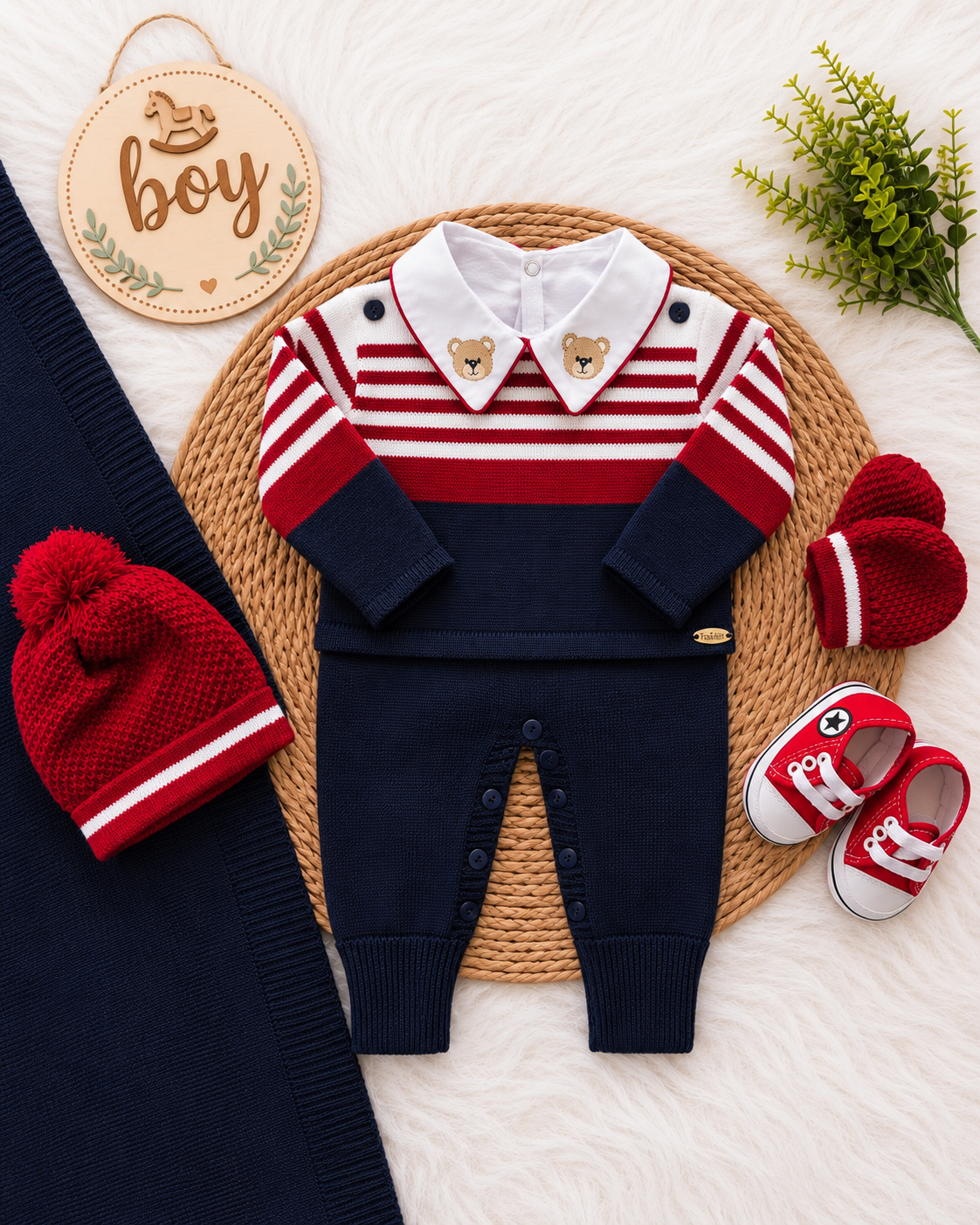 Saída de Maternidade em Tricot Antialérgico - Marinho, Vermelho e Branco