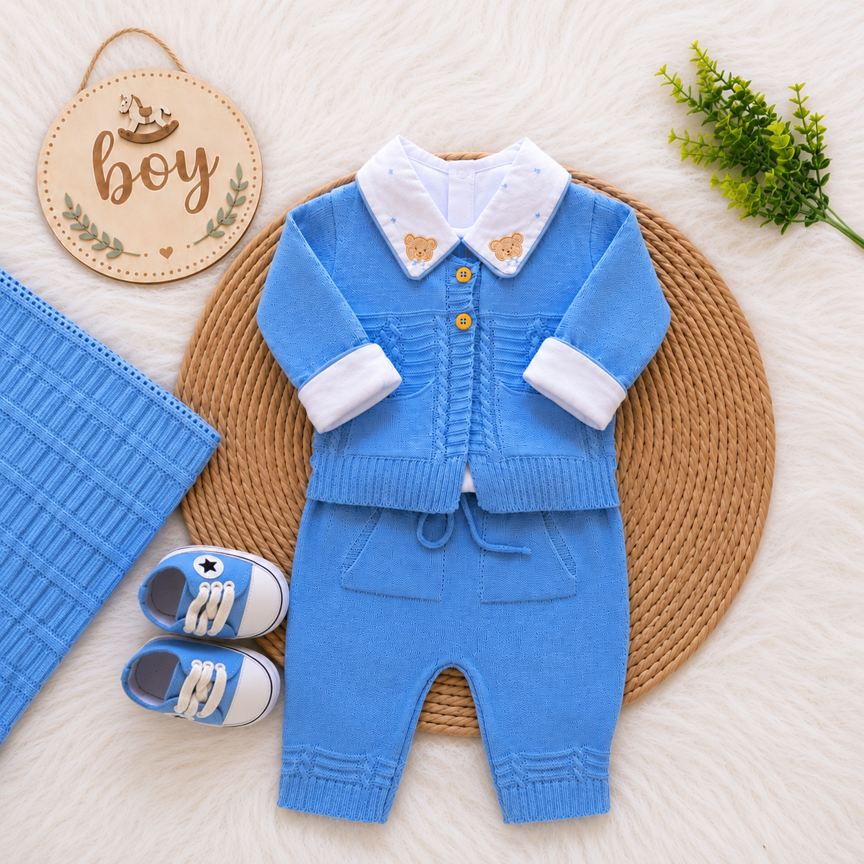 Saída de Maternidade em Tricot Antialérgico - Azul