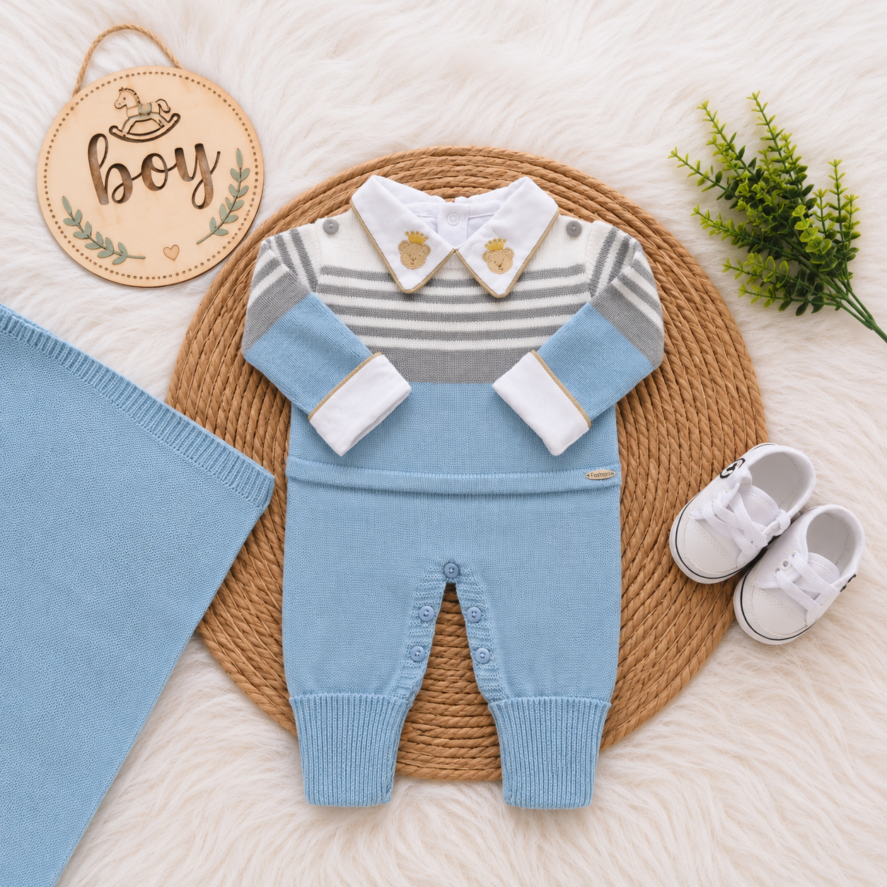 Saída de Maternidade em Tricot Antialérgico - Azul, Cinza e Branco