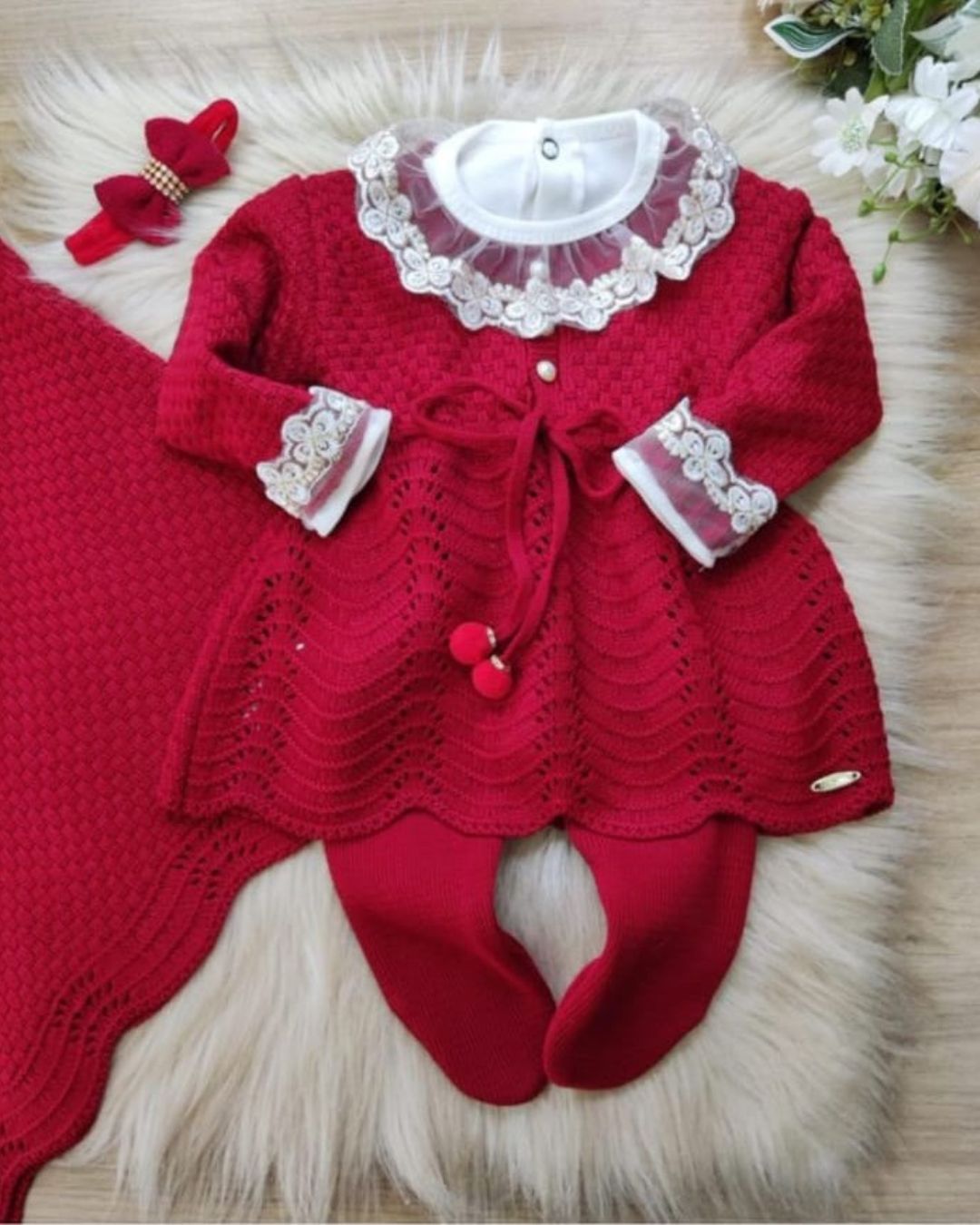 Saída maternidade em Tricot Antialérgico Menina 3 peças - Vermelha