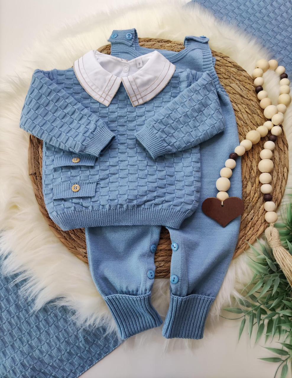 Saída de Maternidade em Tricot Antialérgico 3 peças - Azul Bebê