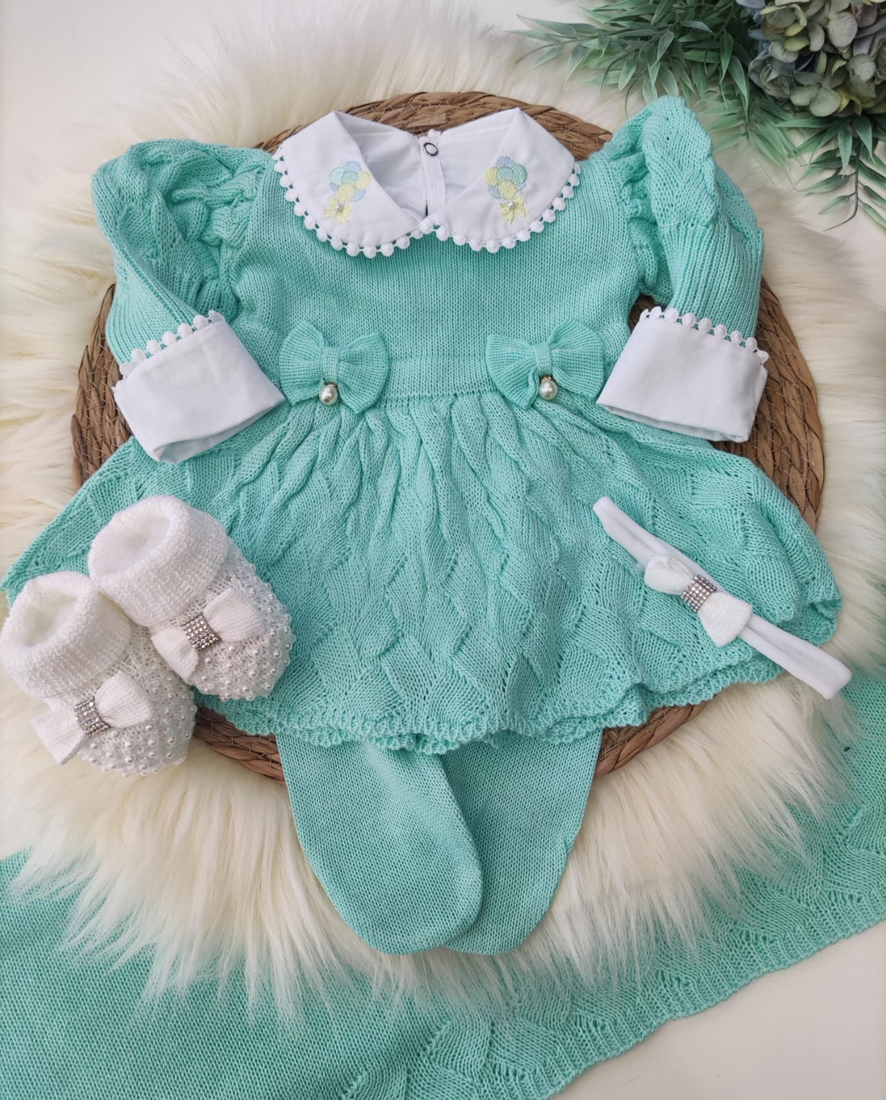 Saída maternidade de tricot antialérgico Menina 3 peças - Verde