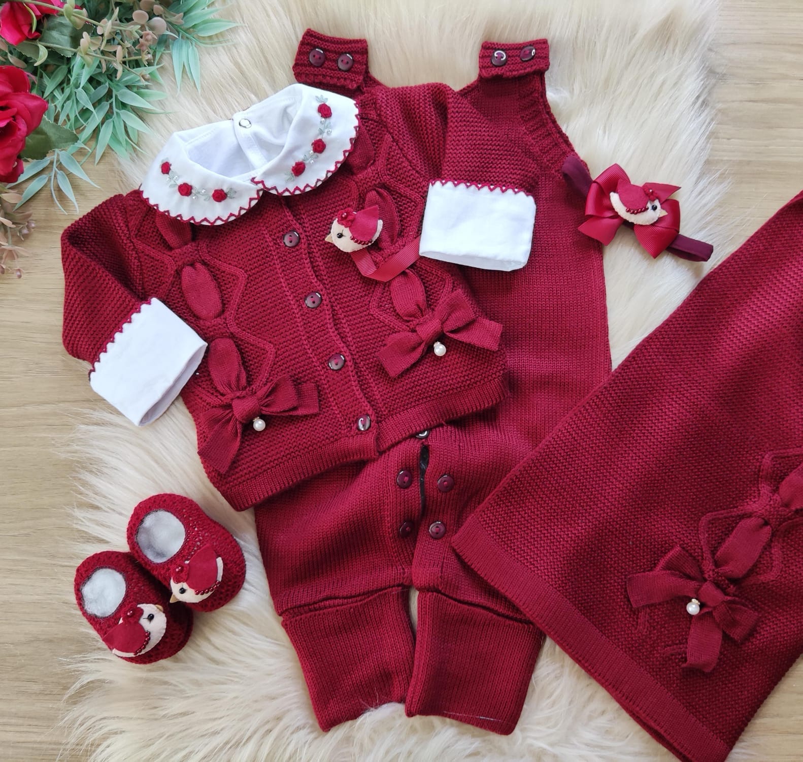 Saída de maternidade de tricô Vermelho
