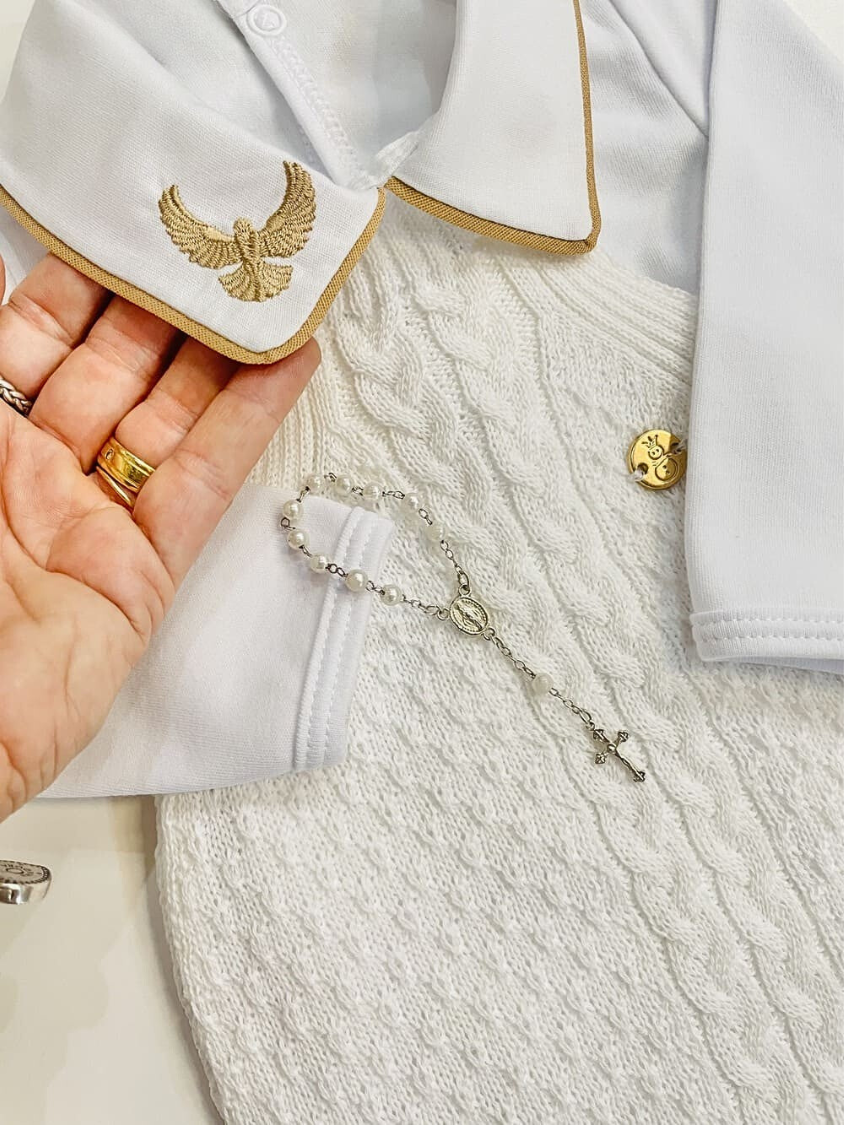 Conjunto batizado em Tricot antialérgico Jardineira trança