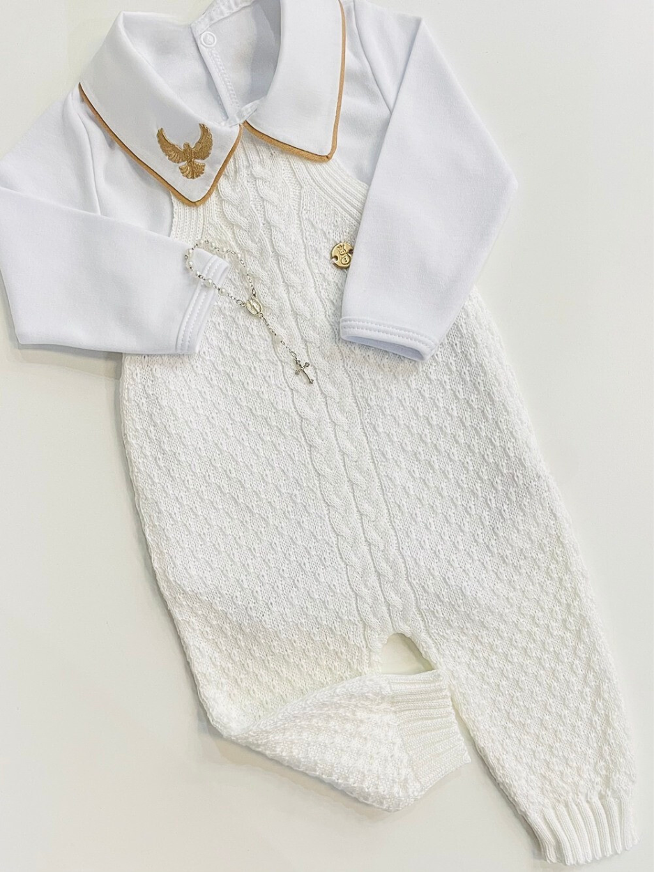 Conjunto batizado em Tricot antialérgico Jardineira trança