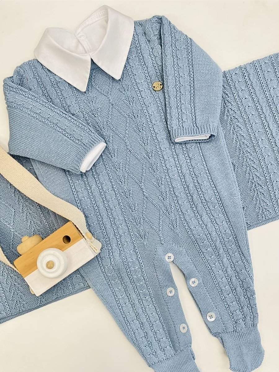Saída de Maternidade em Tricot Antialérgico  3 peças Azul Claro