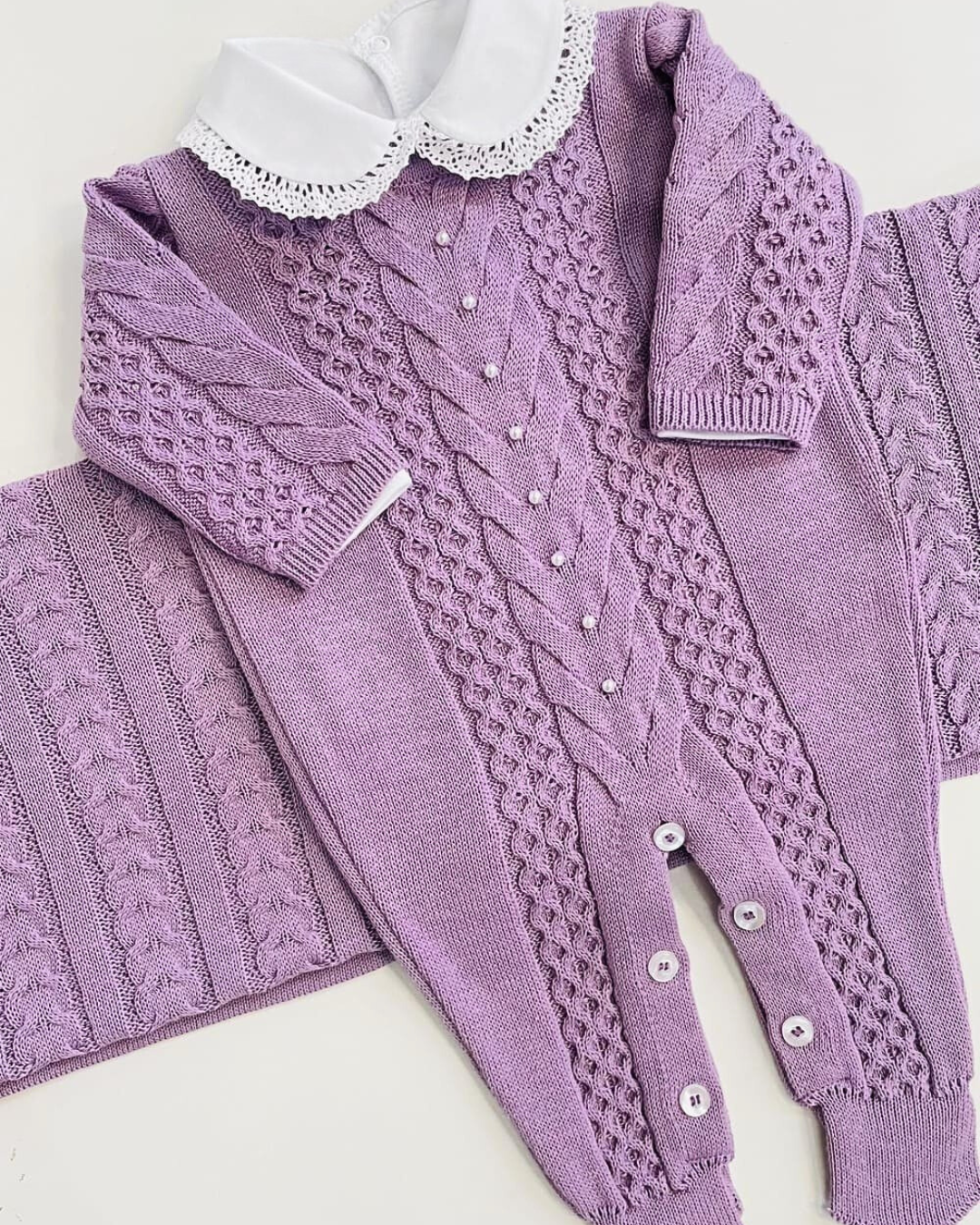 Saída maternidade de tricot antialérgico 3 peças Lilás