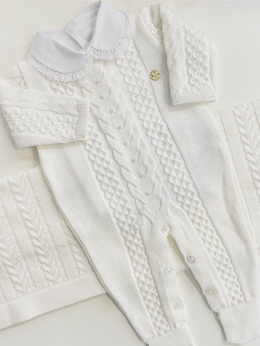 Saída de maternidade de tricot 3 peças Branco