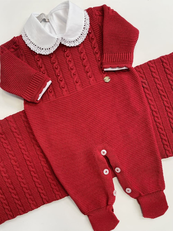 Saída maternidade de tricot antialérgico 3 peças Vermelha