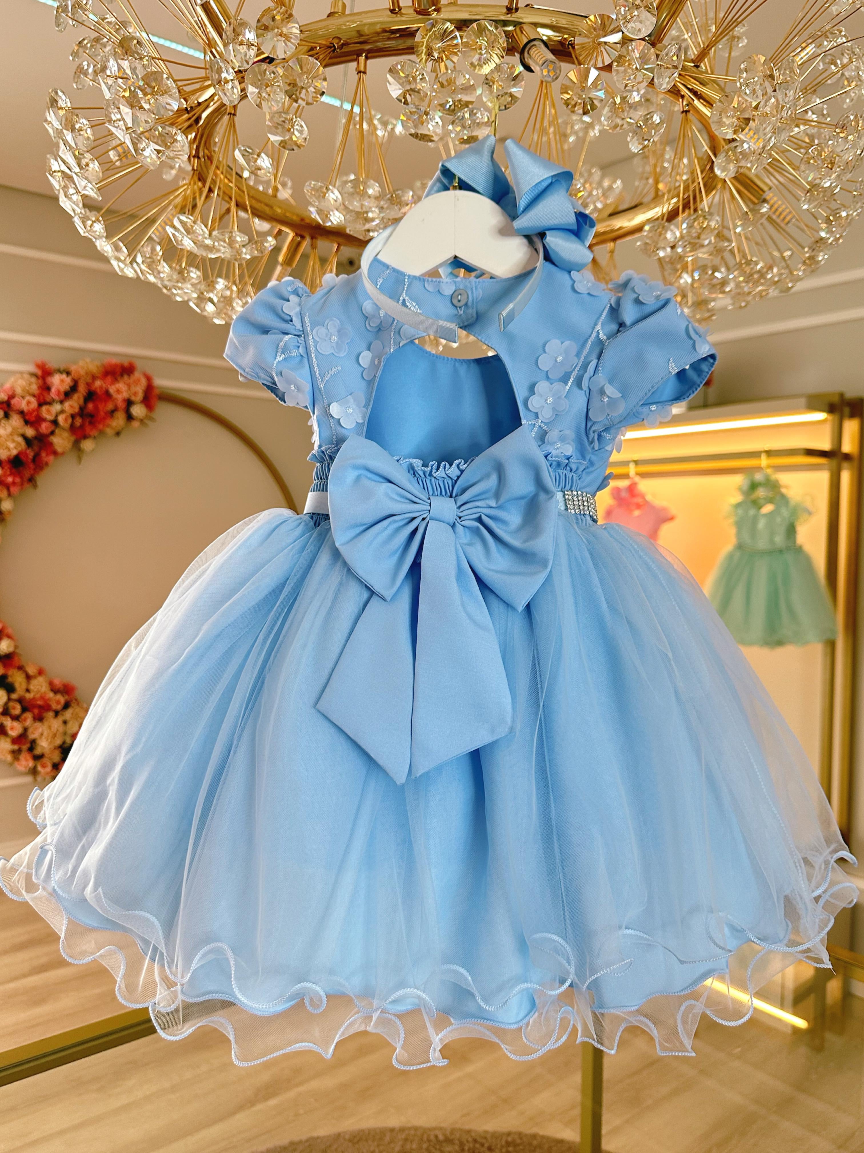 Vestido Infantil Azul Busto Com Renda e Pérolas - Ideal para aniversários, batizados e ensaios fotográficos