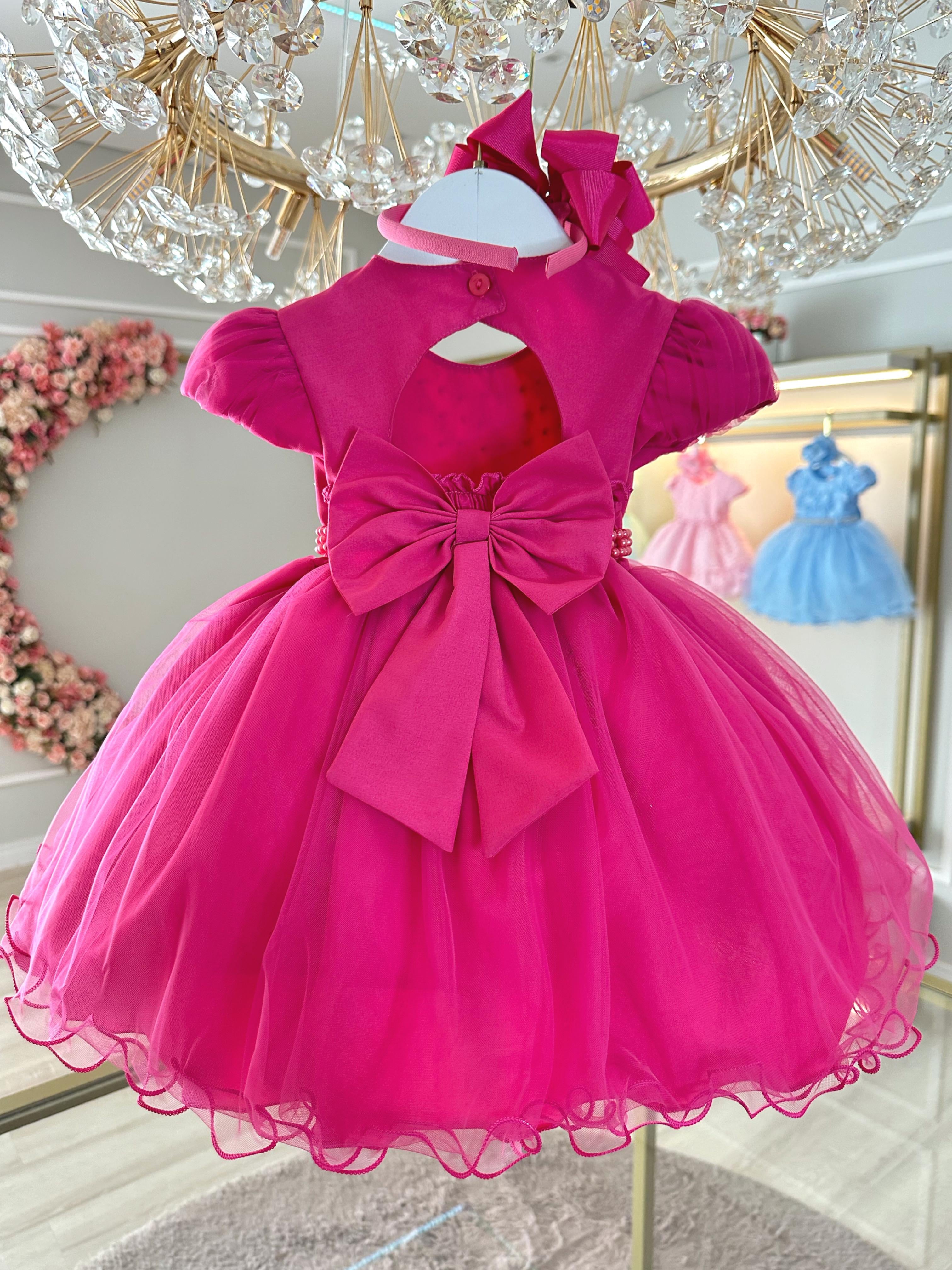 Vestido Infantil Pink Busto Com Pérolas Batizados