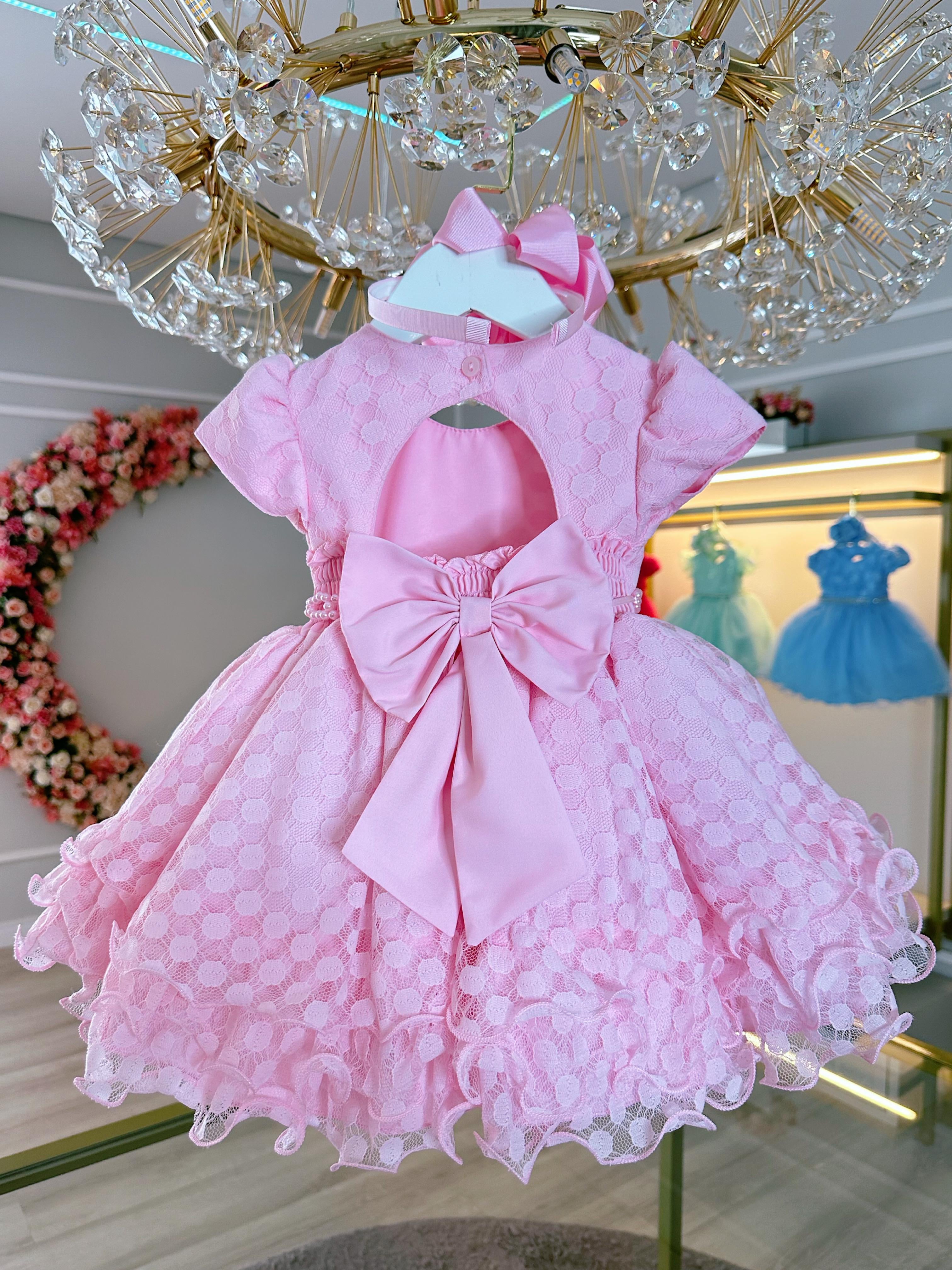 Vestido Infantil Rosa Claro com Renda e Pérolas