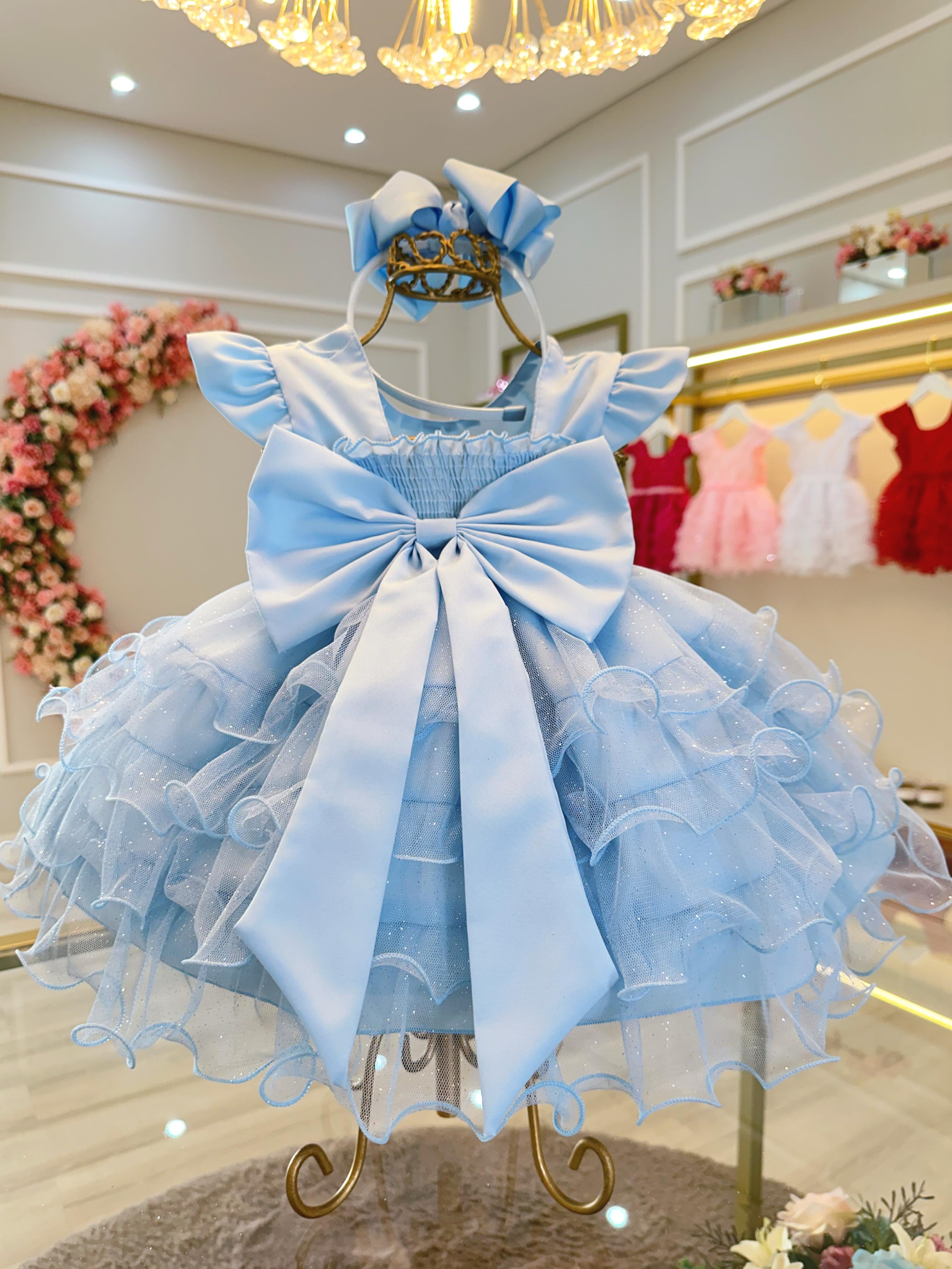 Vestido Infantil Azul Claro com Babados em Tule e Pérolas